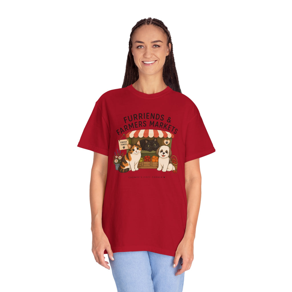 Chompy & Furriends ft. Fenlon Felines: Farmers Market Dogs T-Shirt — “Furriends & Farmers Markets” Cute Pet Market Tee