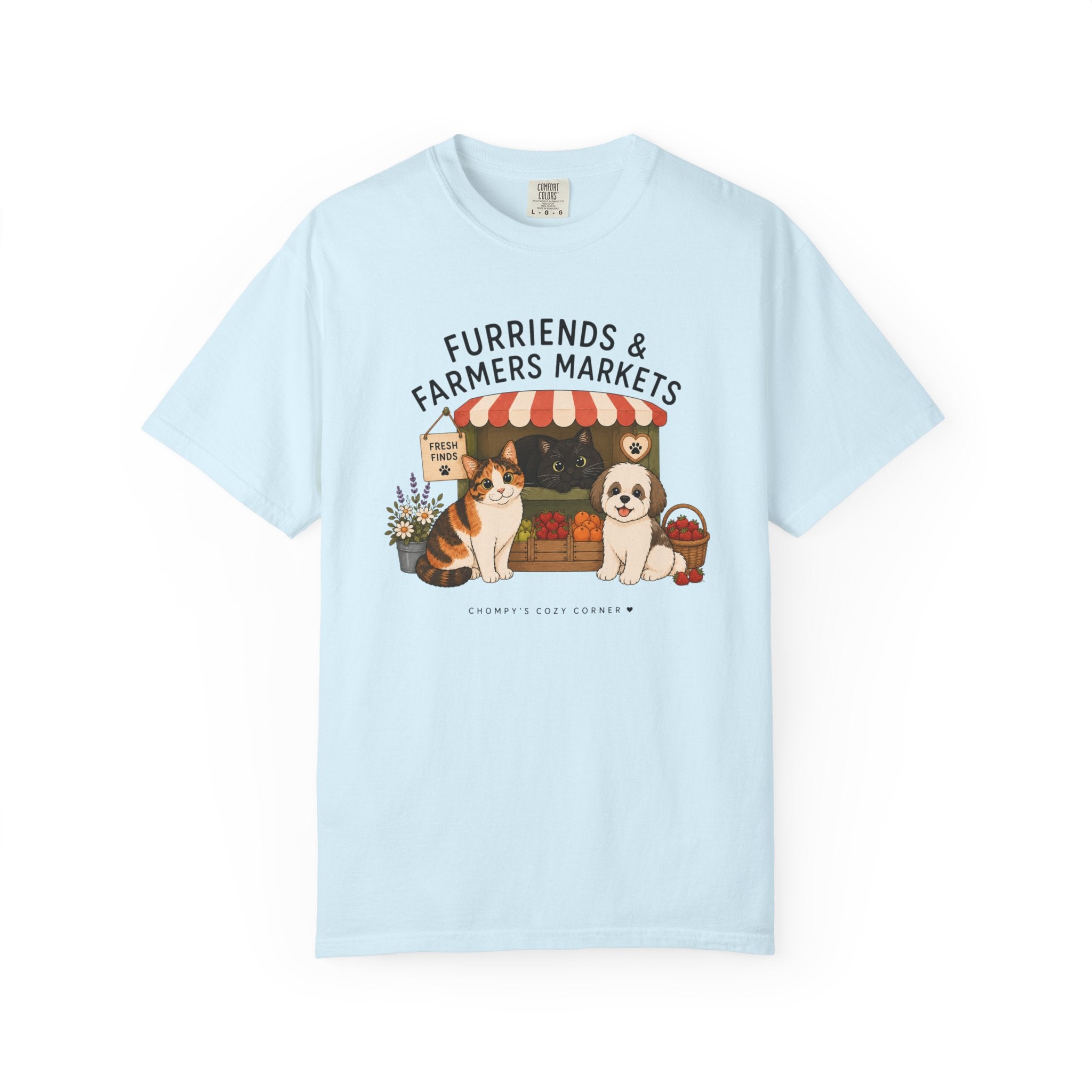 Chompy & Furriends ft. Fenlon Felines: Farmers Market Dogs T-Shirt — “Furriends & Farmers Markets” Cute Pet Market Tee