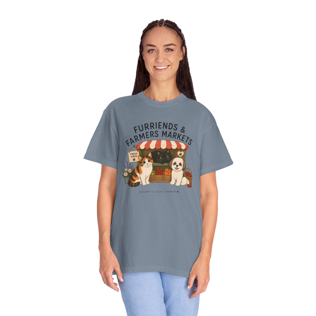 Chompy & Furriends ft. Fenlon Felines: Farmers Market Dogs T-Shirt — “Furriends & Farmers Markets” Cute Pet Market Tee