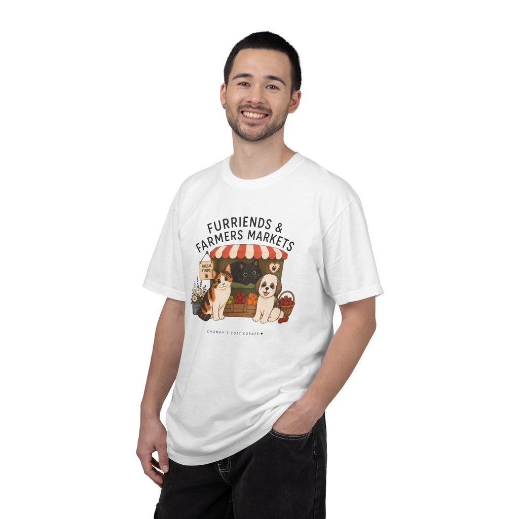Chompy & Furriends ft. Fenlon Felines: Farmers Market Dogs T-Shirt — “Furriends & Farmers Markets” Cute Pet Market Tee