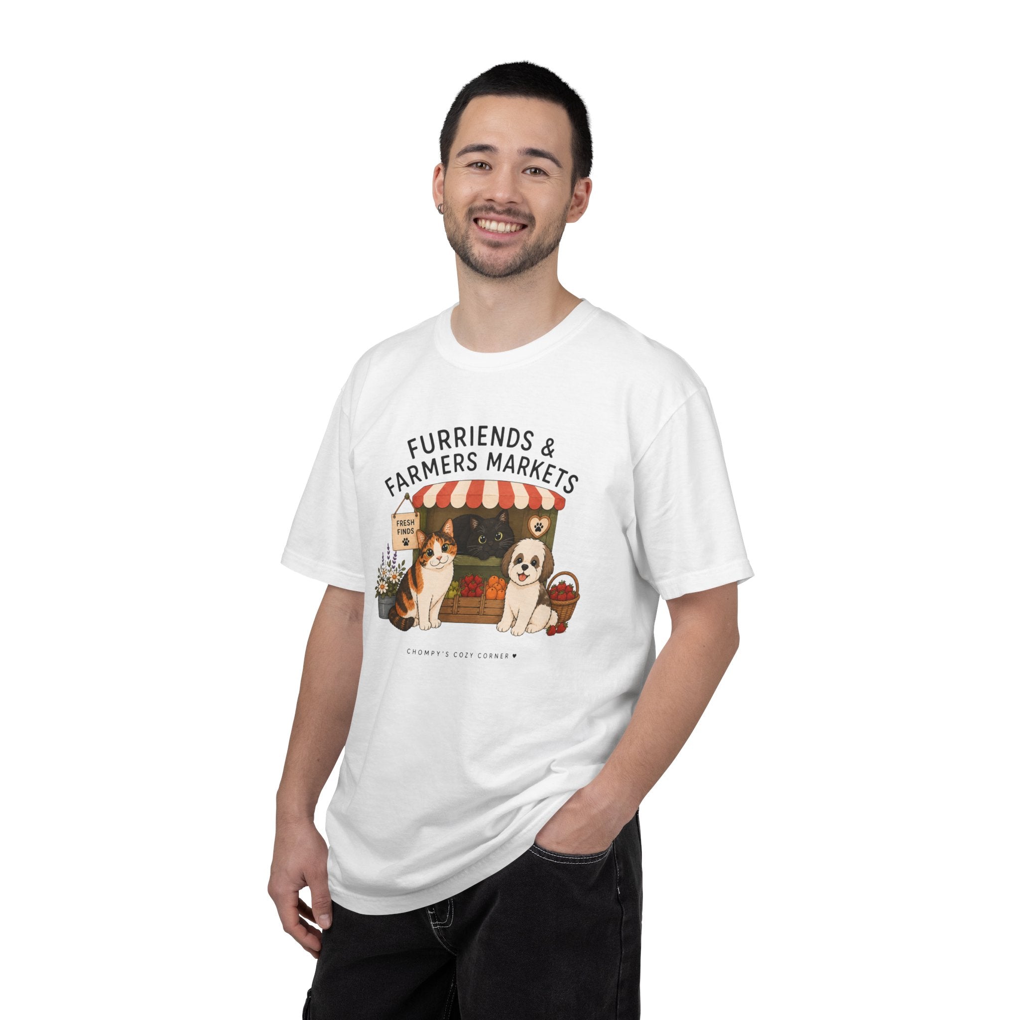 Chompy & Furriends ft. Fenlon Felines: Farmers Market Dogs T-Shirt — “Furriends & Farmers Markets” Cute Pet Market Tee