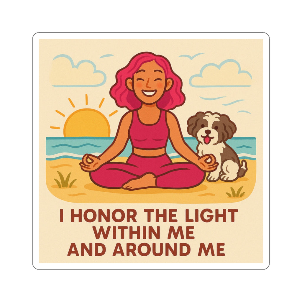 Beach Yoga Sticker — Pink‑Haired Girl & Shih‑Poo with “I honor the light within me and around me.”
