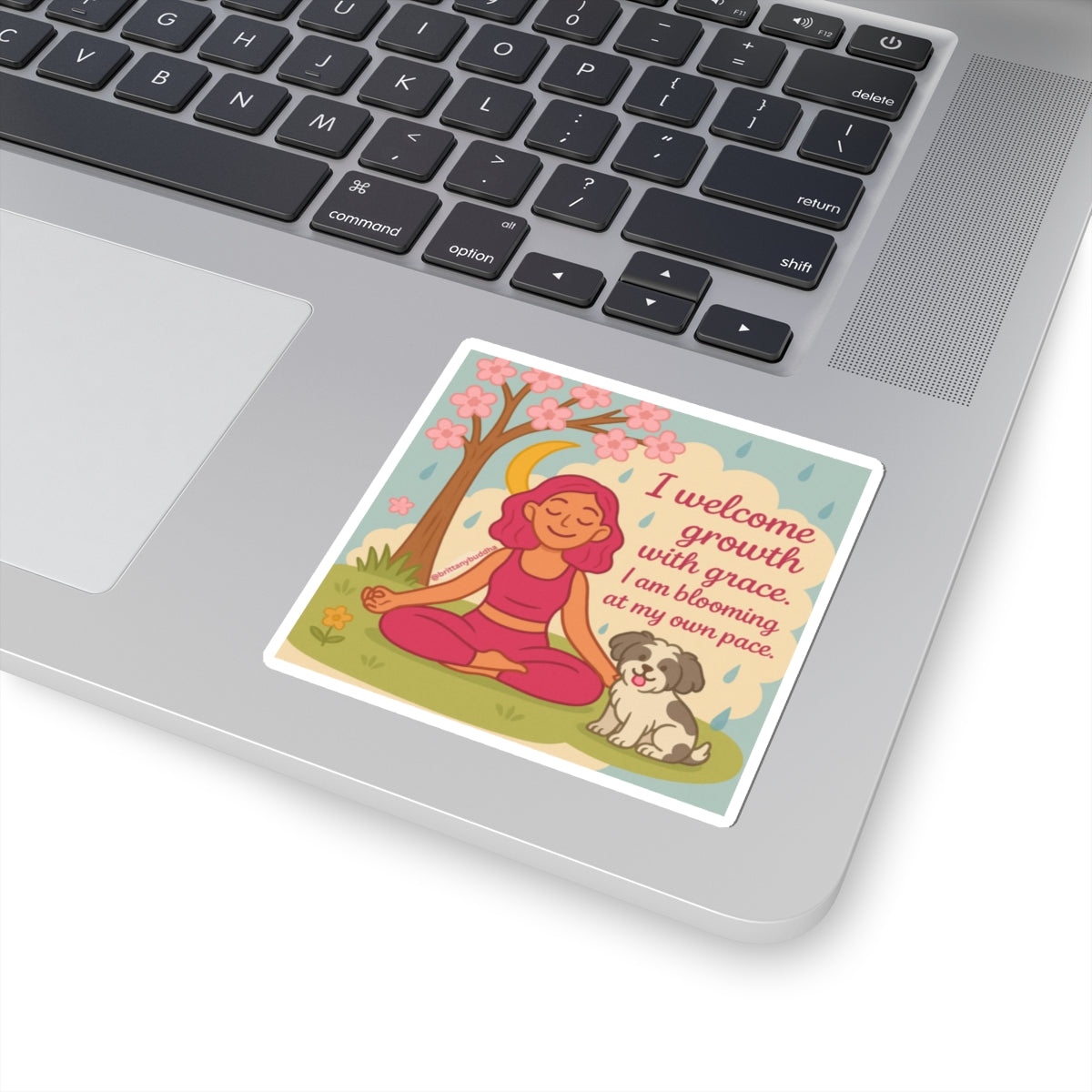 Mindfulness Yoga Sticker — “I welcome growth with grace. I am blooming at my own pace.”