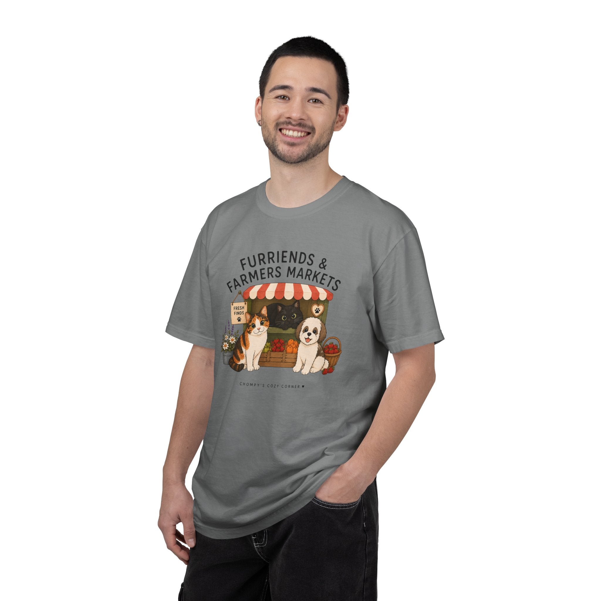 Chompy & Furriends ft. Fenlon Felines: Farmers Market Dogs T-Shirt — “Furriends & Farmers Markets” Cute Pet Market Tee