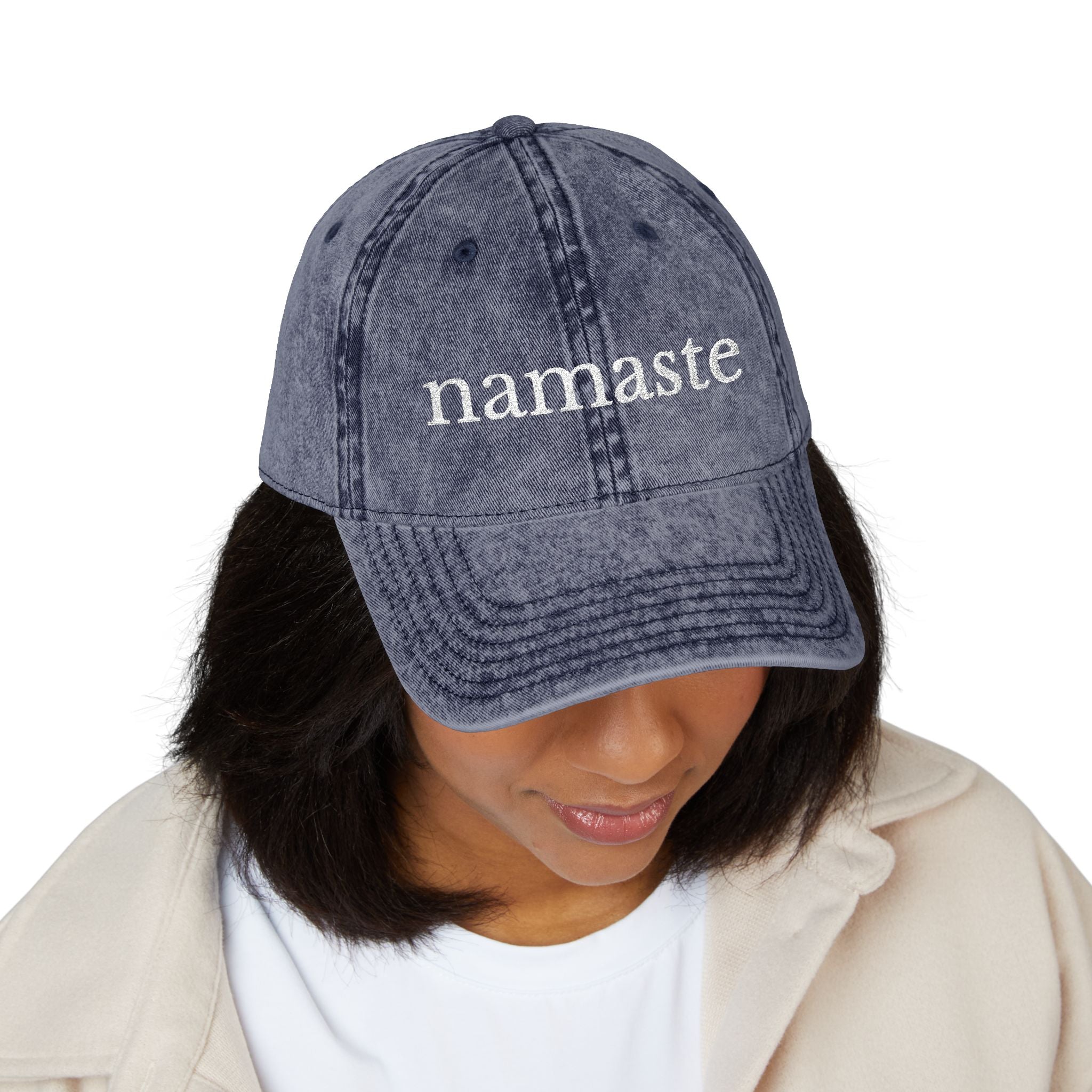 Vintage Embroidered Yoga Hat — "Namaste" Front with Cozy Shih-Poo Logo Back