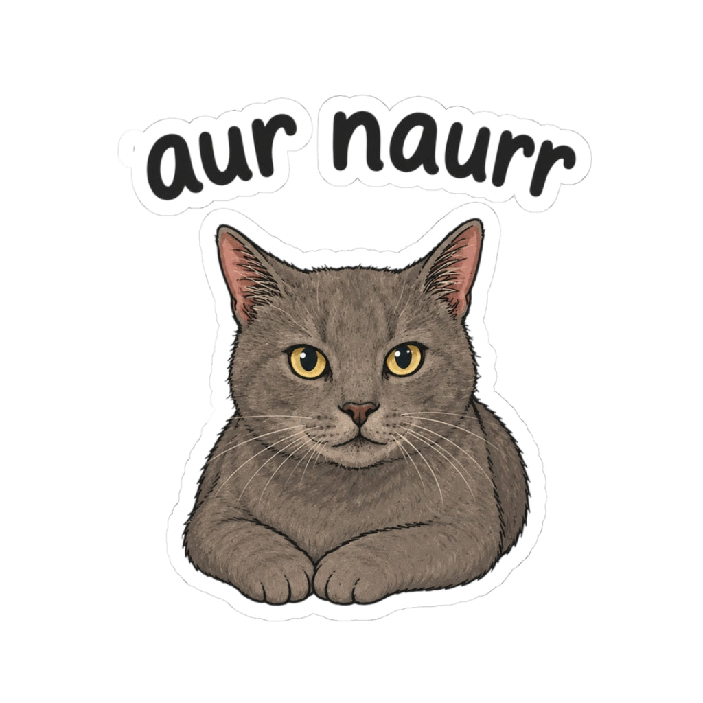 Gray Cat Kiss-Cut Sticker — “aur naurr” Cute Laptop & Water Bottle Decal