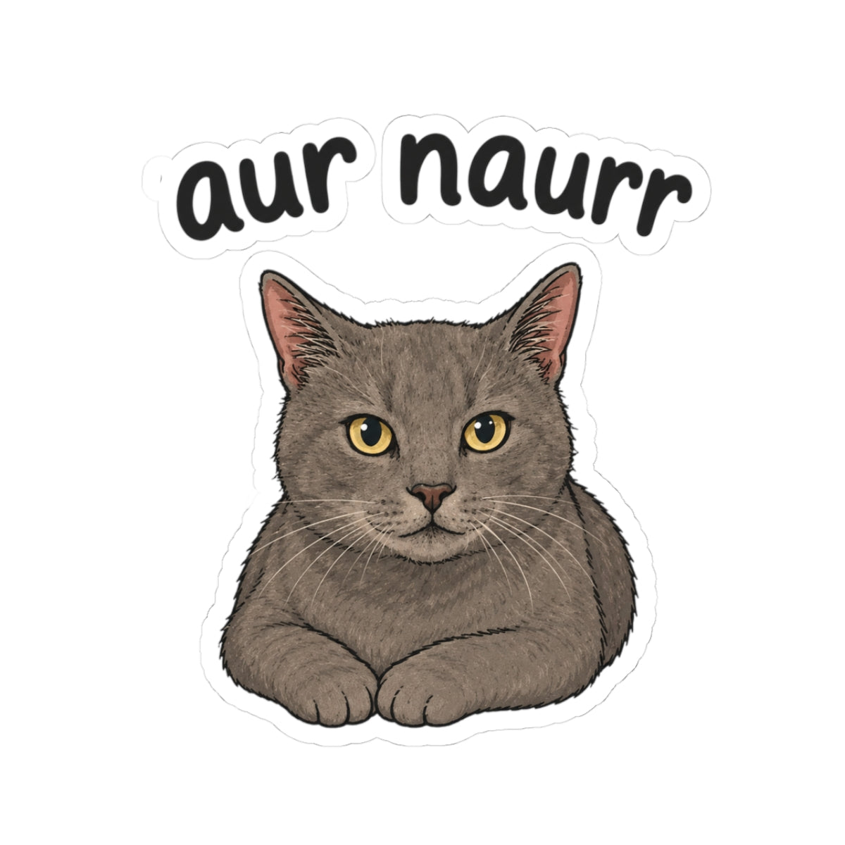 Gray Cat Kiss-Cut Sticker — “aur naurr” Cute Laptop & Water Bottle Decal