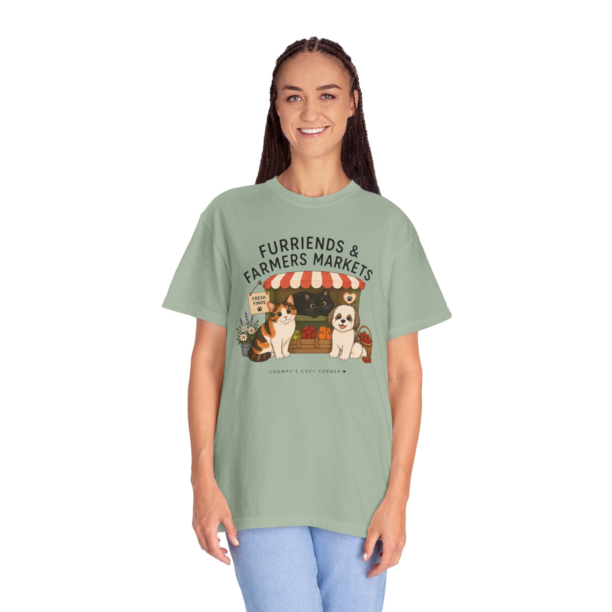 Chompy & Furriends ft. Fenlon Felines: Farmers Market Dogs T-Shirt — “Furriends & Farmers Markets” Cute Pet Market Tee