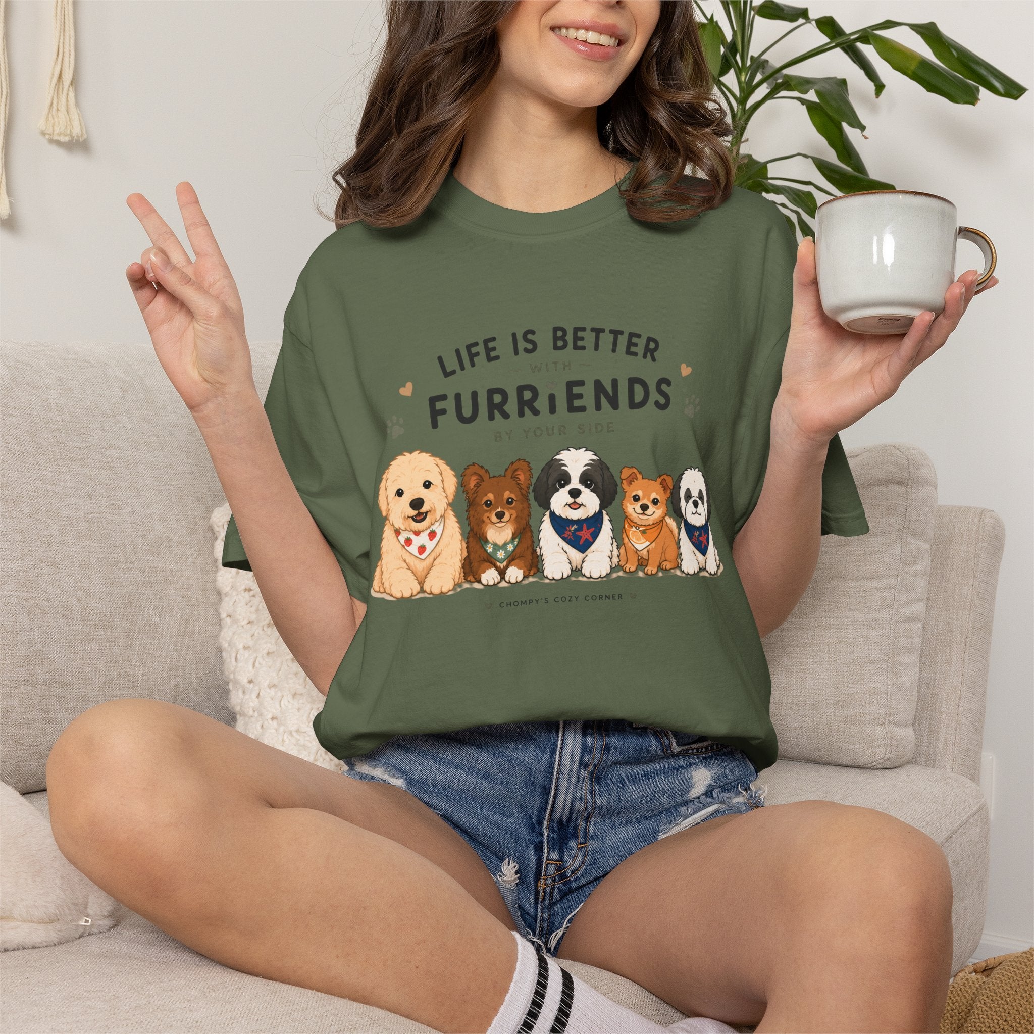 Chompy and Furriends ft. Cohen Crew: Life Is Better With Furriends T-Shirt — Cute Dogs Graphic Tee