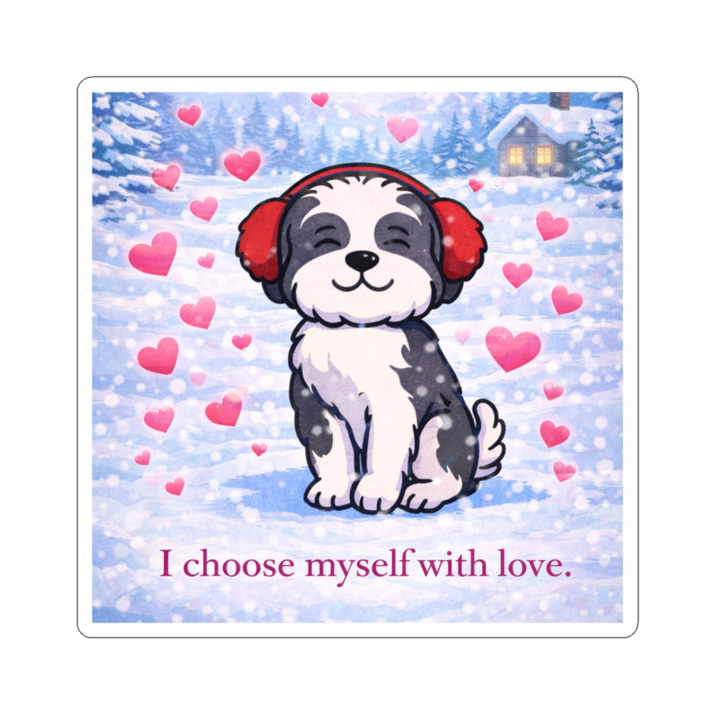 Self-Love Puppy Kiss-Cut Sticker — "I Choose Myself with Love" Cute Dog Heart Sticker