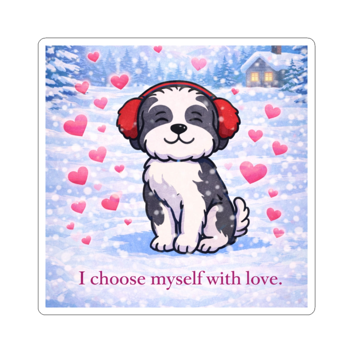 Self-Love Puppy Kiss-Cut Sticker — "I Choose Myself with Love" Cute Dog Heart Sticker