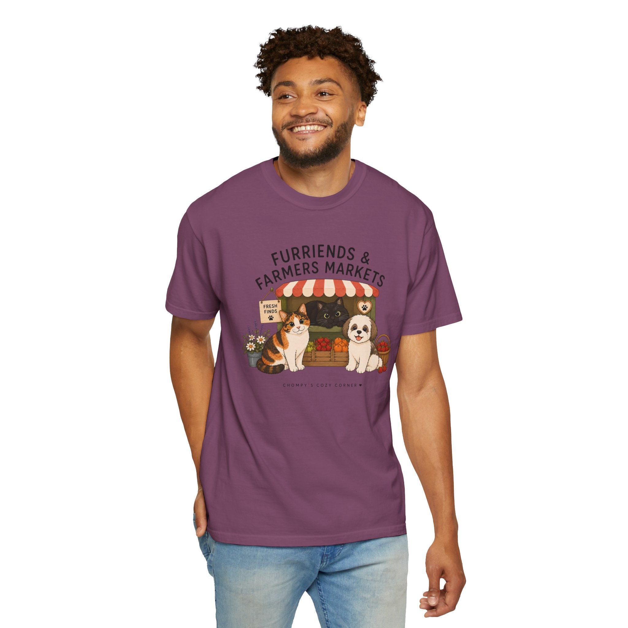 Chompy & Furriends ft. Fenlon Felines: Farmers Market Dogs T-Shirt — “Furriends & Farmers Markets” Cute Pet Market Tee