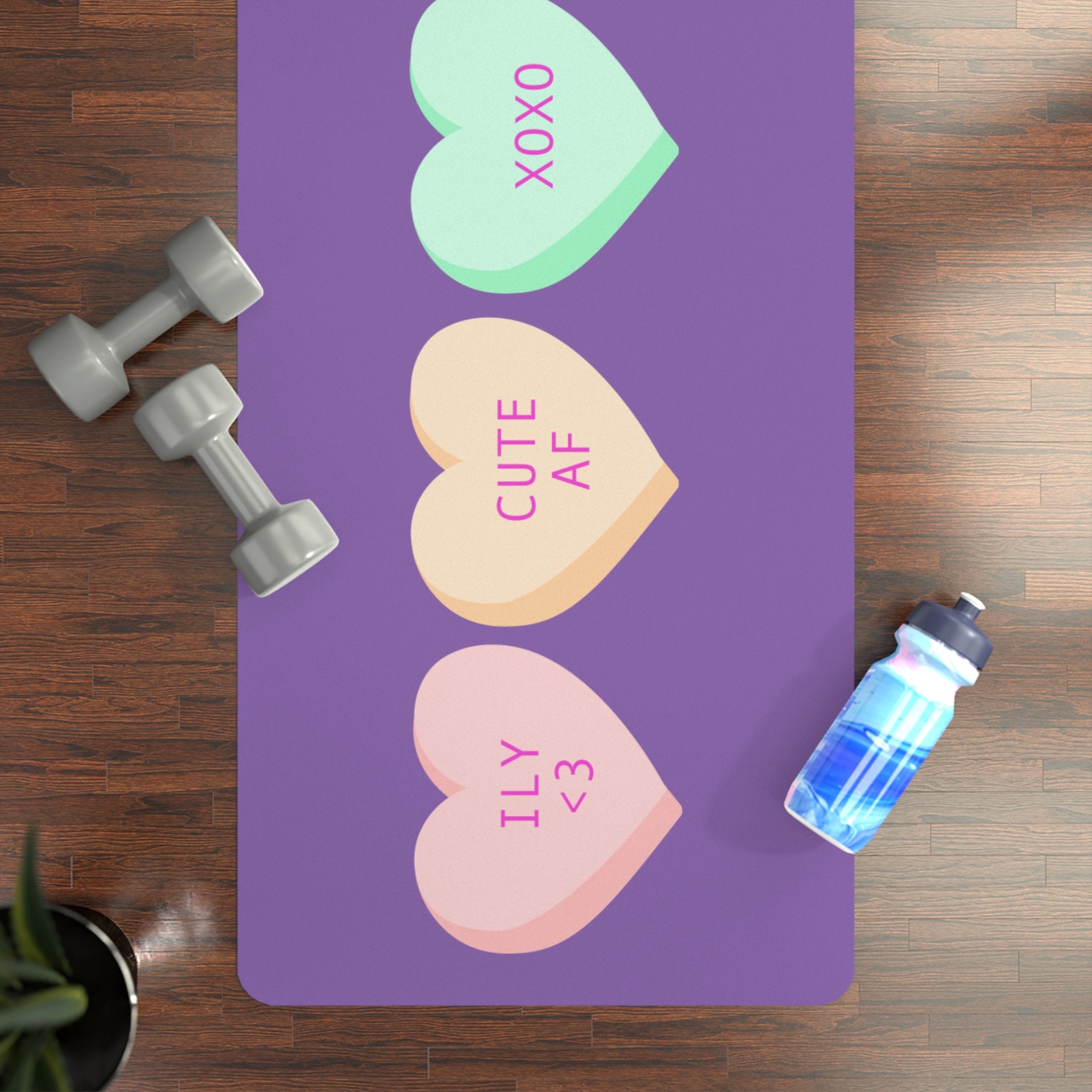 Valentine Conversation Hearts Rubber Yoga Mat — Cute AF Purple Fitness Mat
