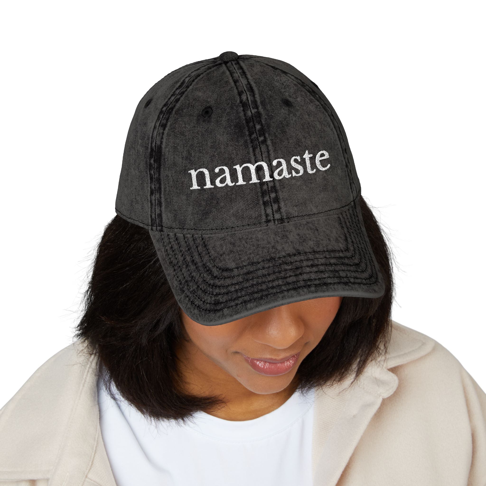 Vintage Embroidered Yoga Hat — "Namaste" Front with Cozy Shih-Poo Logo Back
