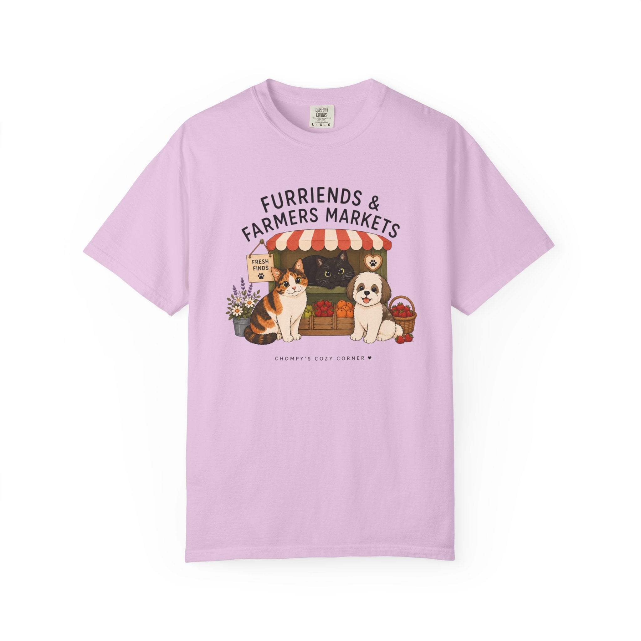 Chompy & Furriends ft. Fenlon Felines: Farmers Market Dogs T-Shirt — “Furriends & Farmers Markets” Cute Pet Market Tee