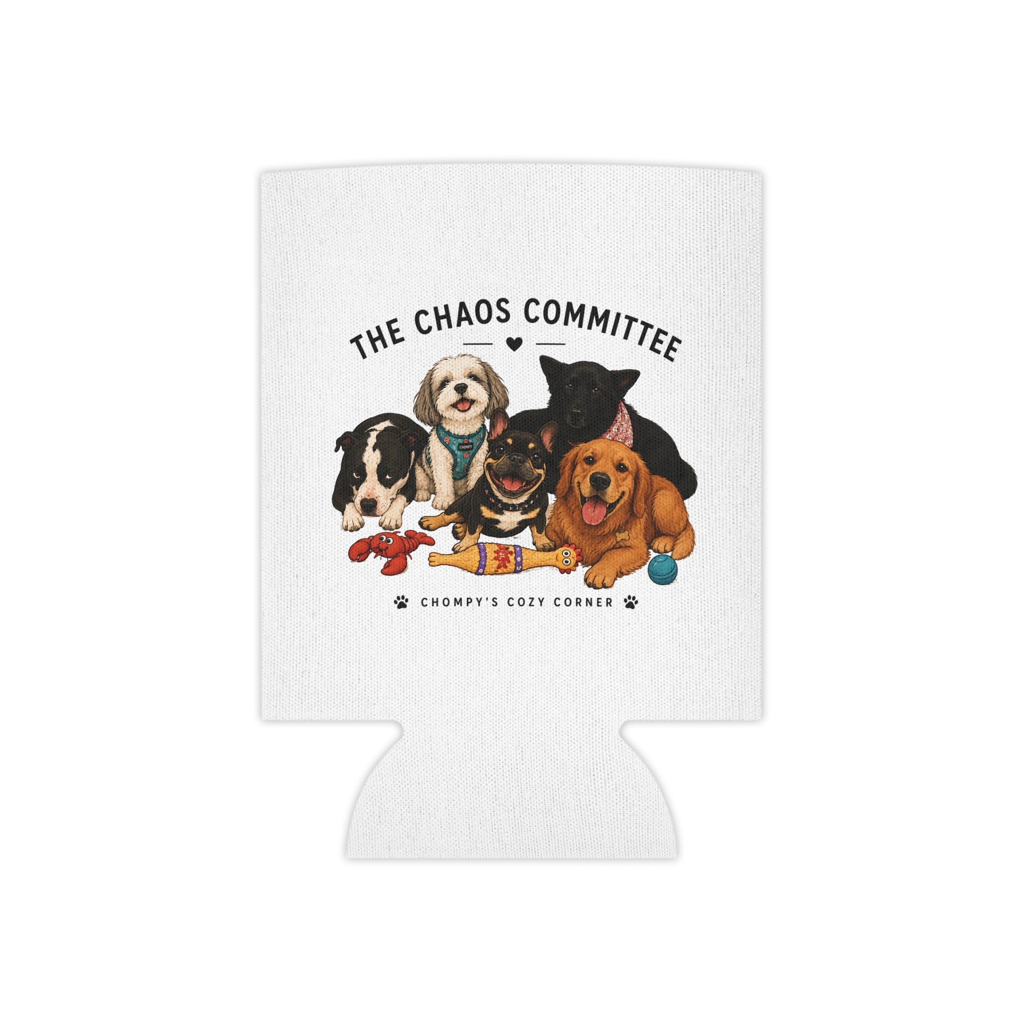 Dog Pack Can Cooler — "The Chaos Committee" Cute Group Puppy Design