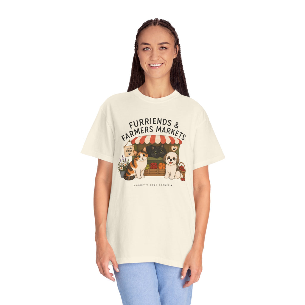 Chompy & Furriends ft. Fenlon Felines: Farmers Market Dogs T-Shirt — “Furriends & Farmers Markets” Cute Pet Market Tee
