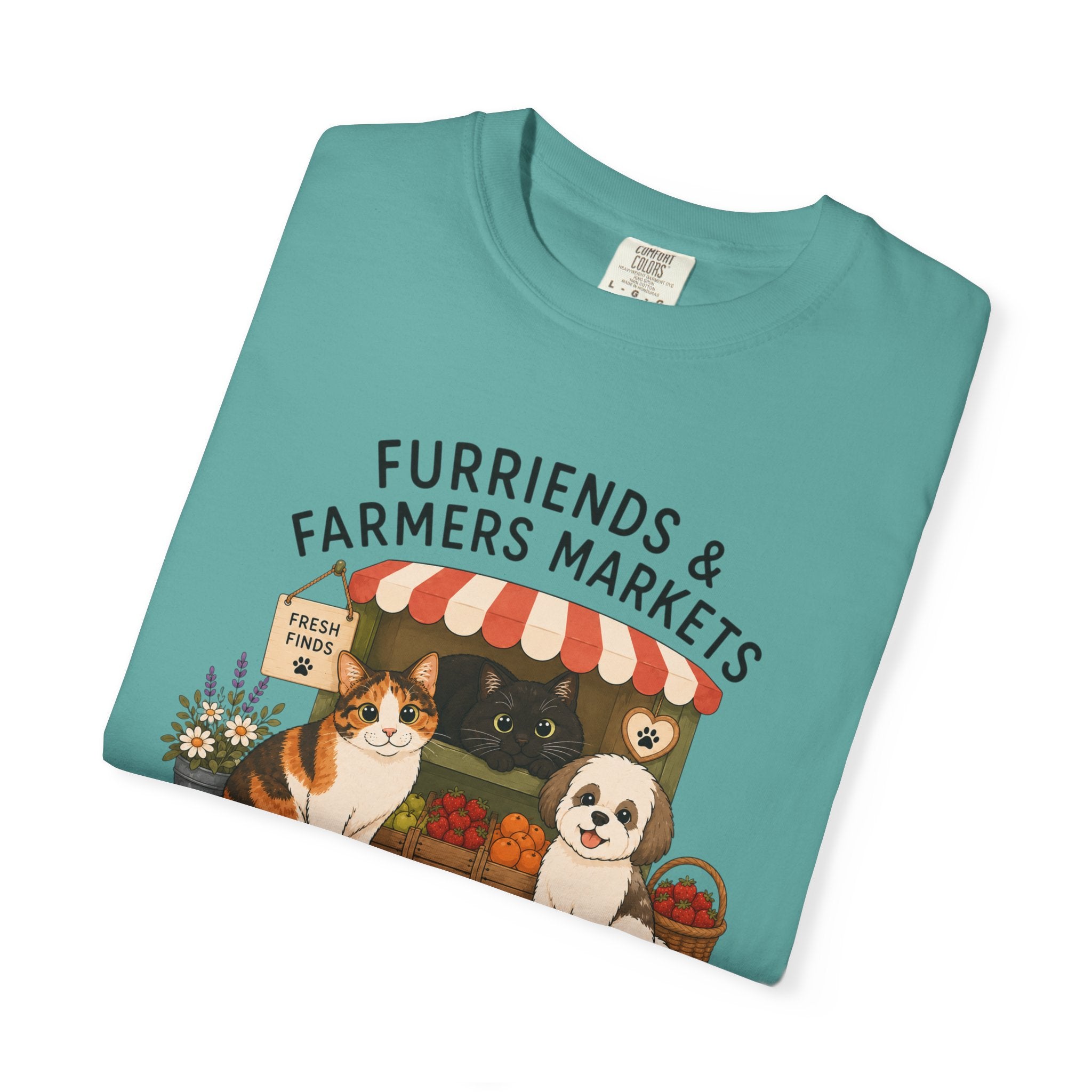 Chompy & Furriends ft. Fenlon Felines: Farmers Market Dogs T-Shirt — “Furriends & Farmers Markets” Cute Pet Market Tee