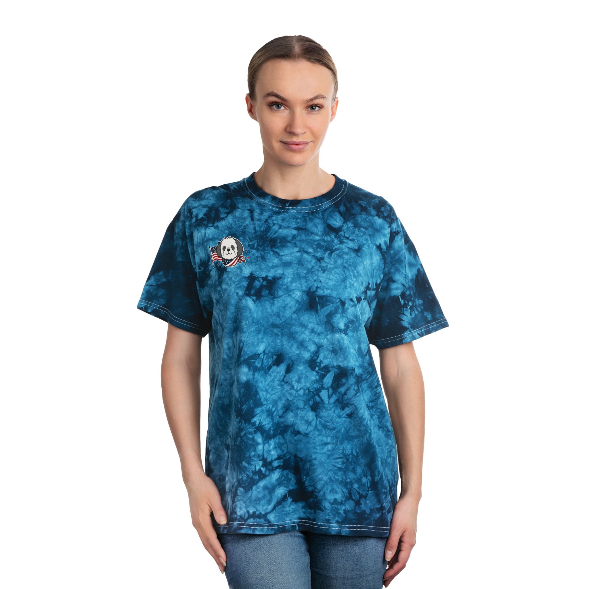 Crystal Blue Tie-Dye Tee — Cute Simple Shih Poo Chest Patch