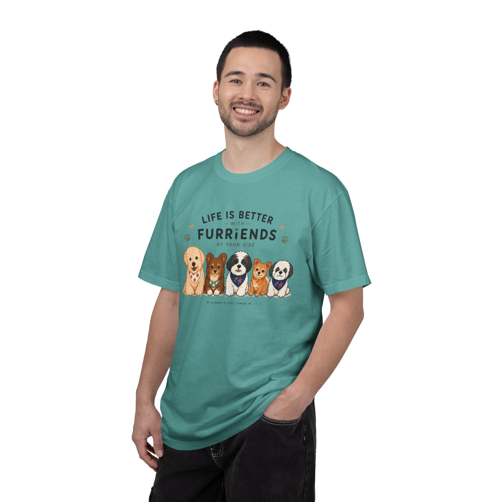 Chompy and Furriends ft. Cohen Crew: Life Is Better With Furriends T-Shirt — Cute Dogs Graphic Tee