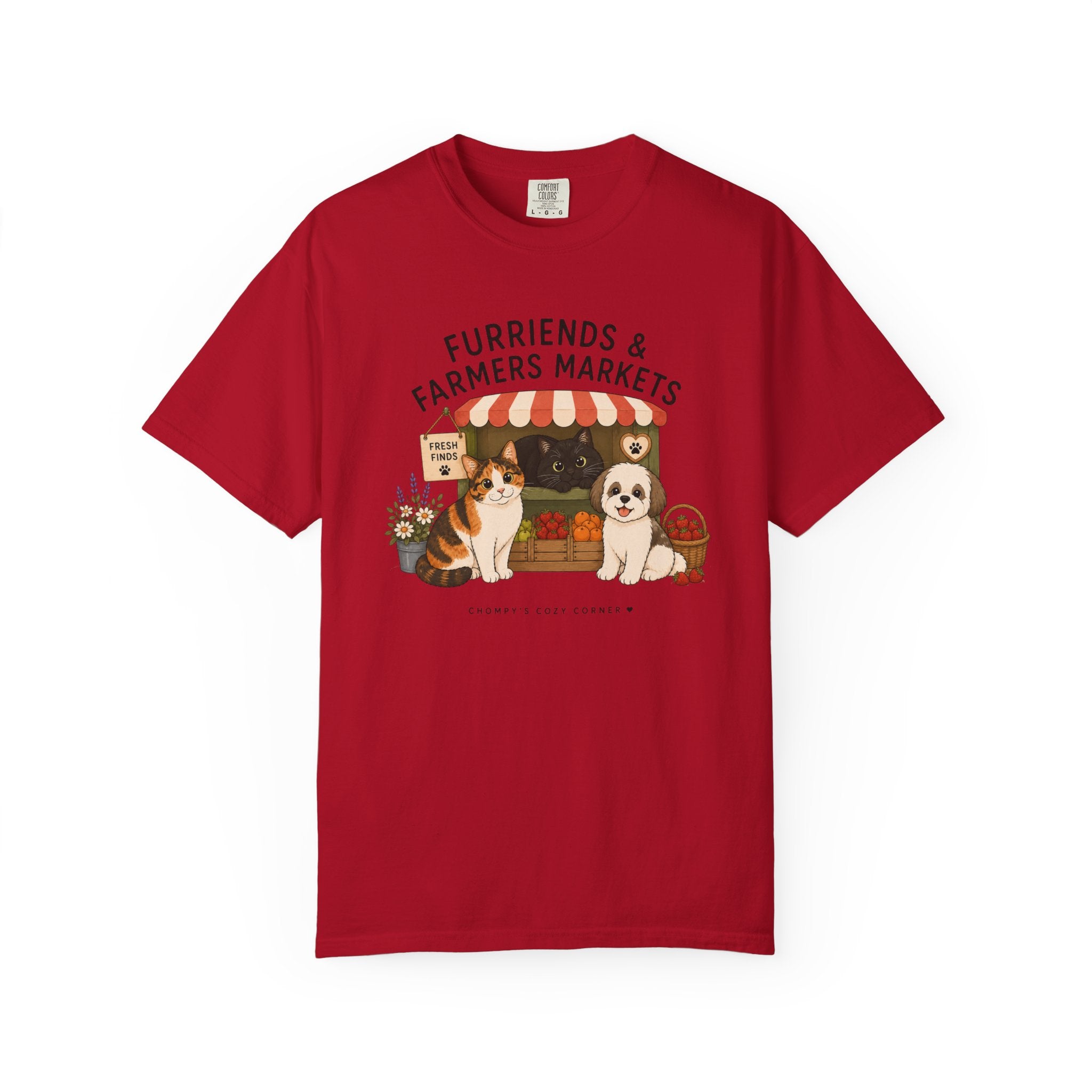 Chompy & Furriends ft. Fenlon Felines: Farmers Market Dogs T-Shirt — “Furriends & Farmers Markets” Cute Pet Market Tee