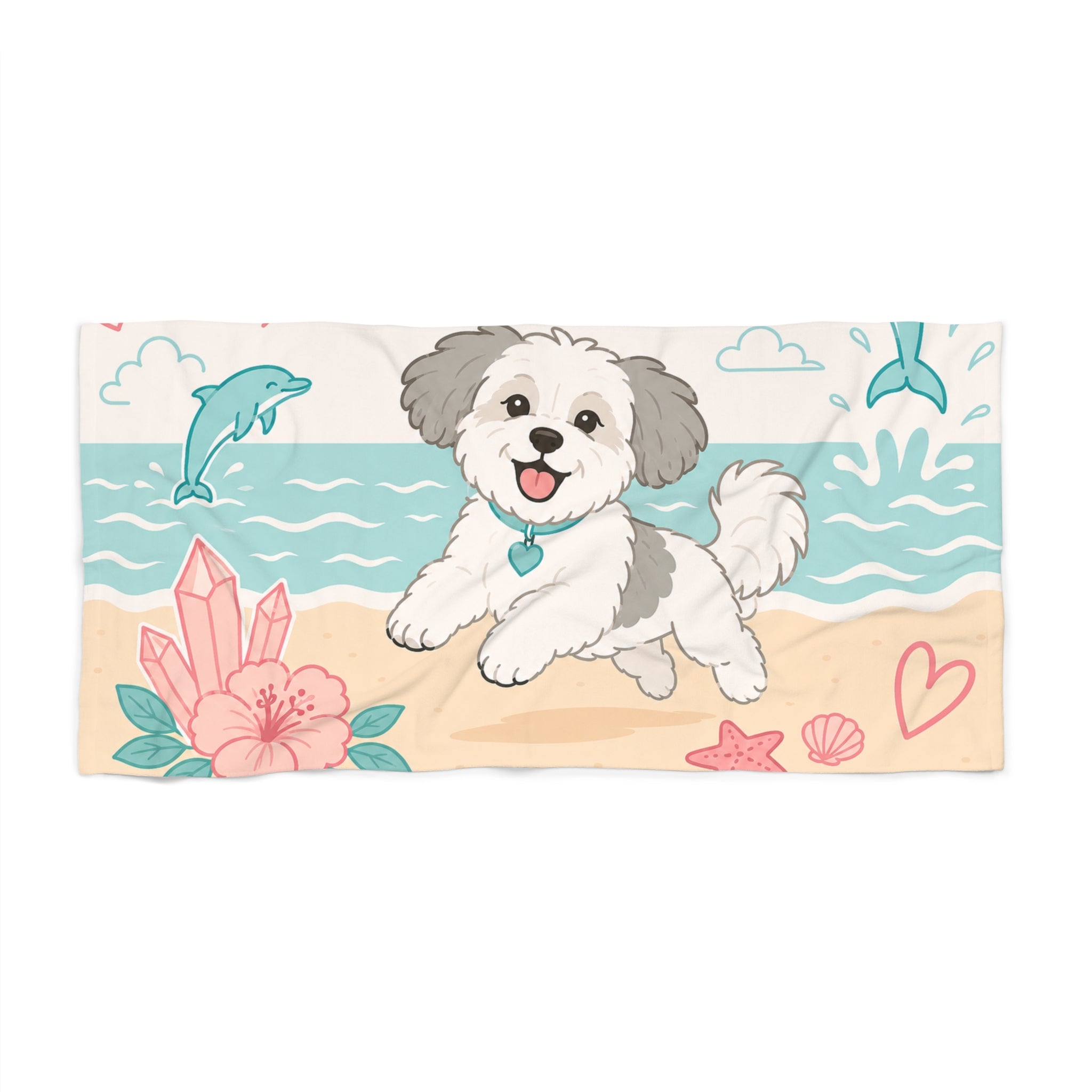 Cute Beach Dog Beach Towel — Happy Puppy Coastal Print