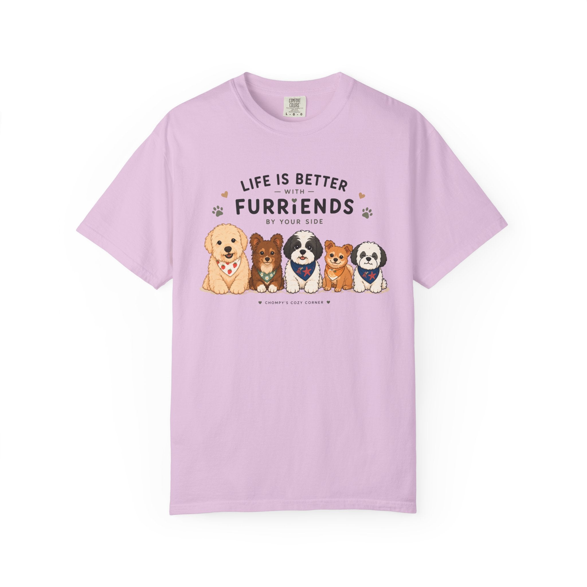 Chompy and Furriends ft. Cohen Crew: Life Is Better With Furriends T-Shirt — Cute Dogs Graphic Tee