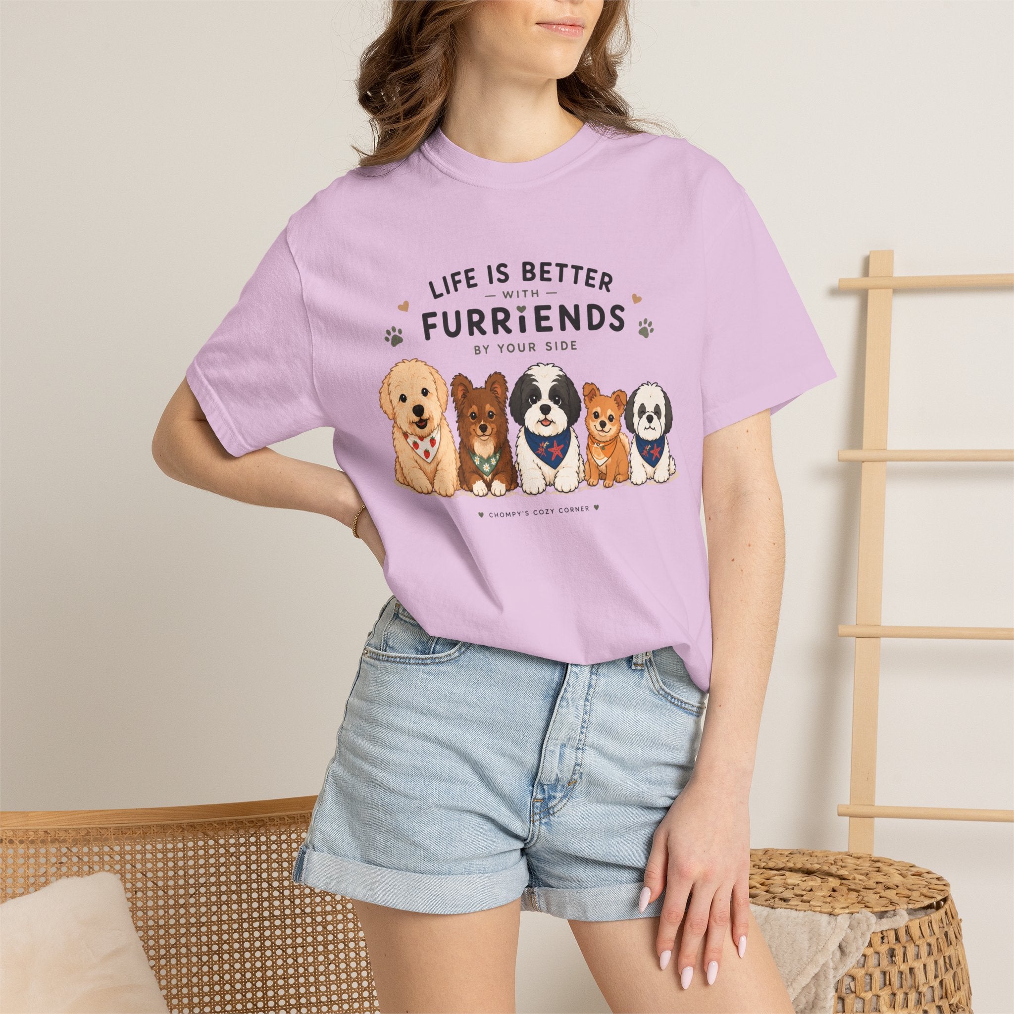 Chompy and Furriends ft. Cohen Crew: Life Is Better With Furriends T-Shirt — Cute Dogs Graphic Tee