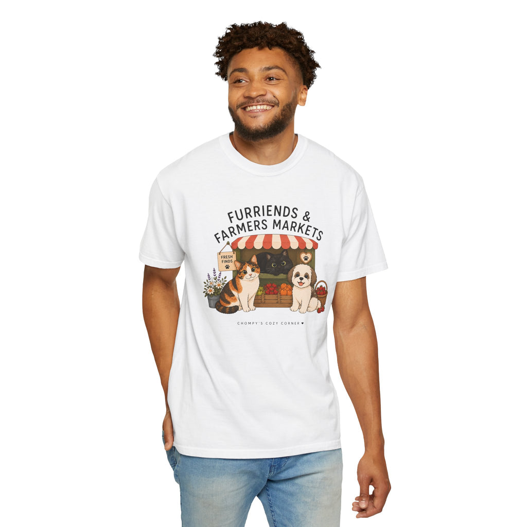 Chompy & Furriends ft. Fenlon Felines: Farmers Market Dogs T-Shirt — “Furriends & Farmers Markets” Cute Pet Market Tee