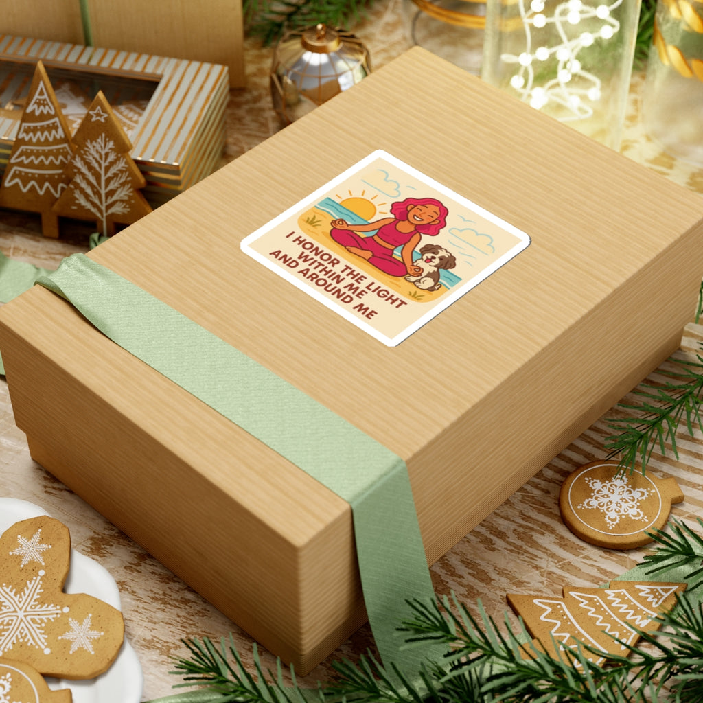 Beach Yoga Sticker — Pink‑Haired Girl & Shih‑Poo with “I honor the light within me and around me.”