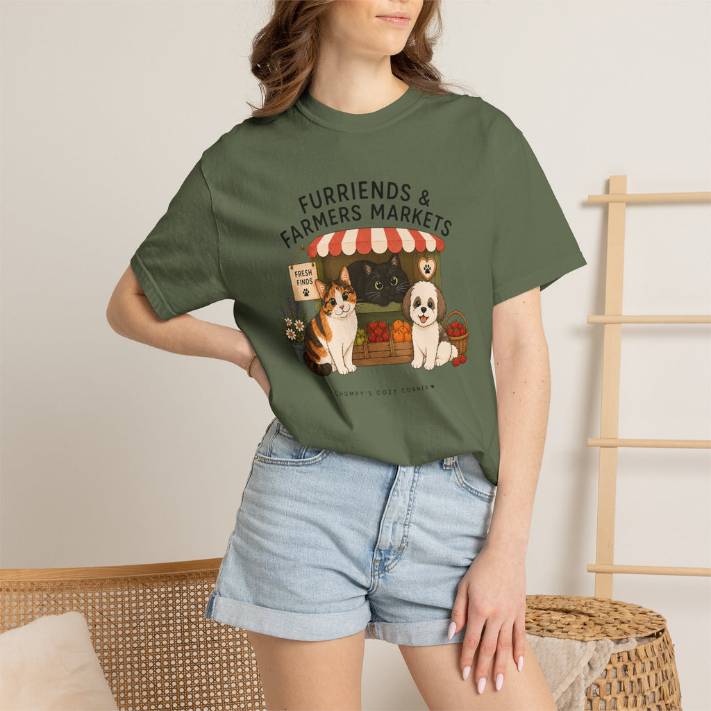 Chompy & Furriends ft. Fenlon Felines: Farmers Market Dogs T-Shirt — “Furriends & Farmers Markets” Cute Pet Market Tee