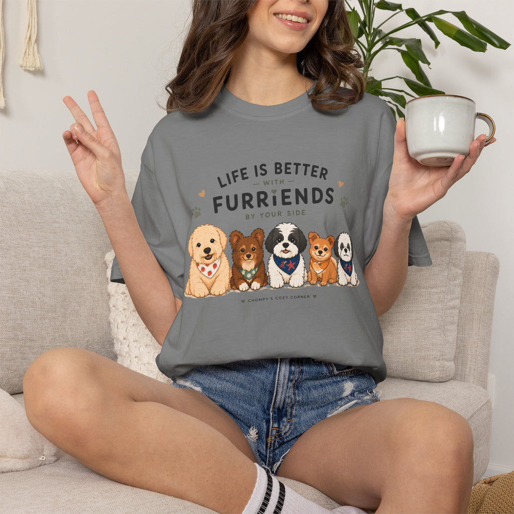 Chompy and Furriends ft. Cohen Crew: Life Is Better With Furriends T-Shirt — Cute Dogs Graphic Tee