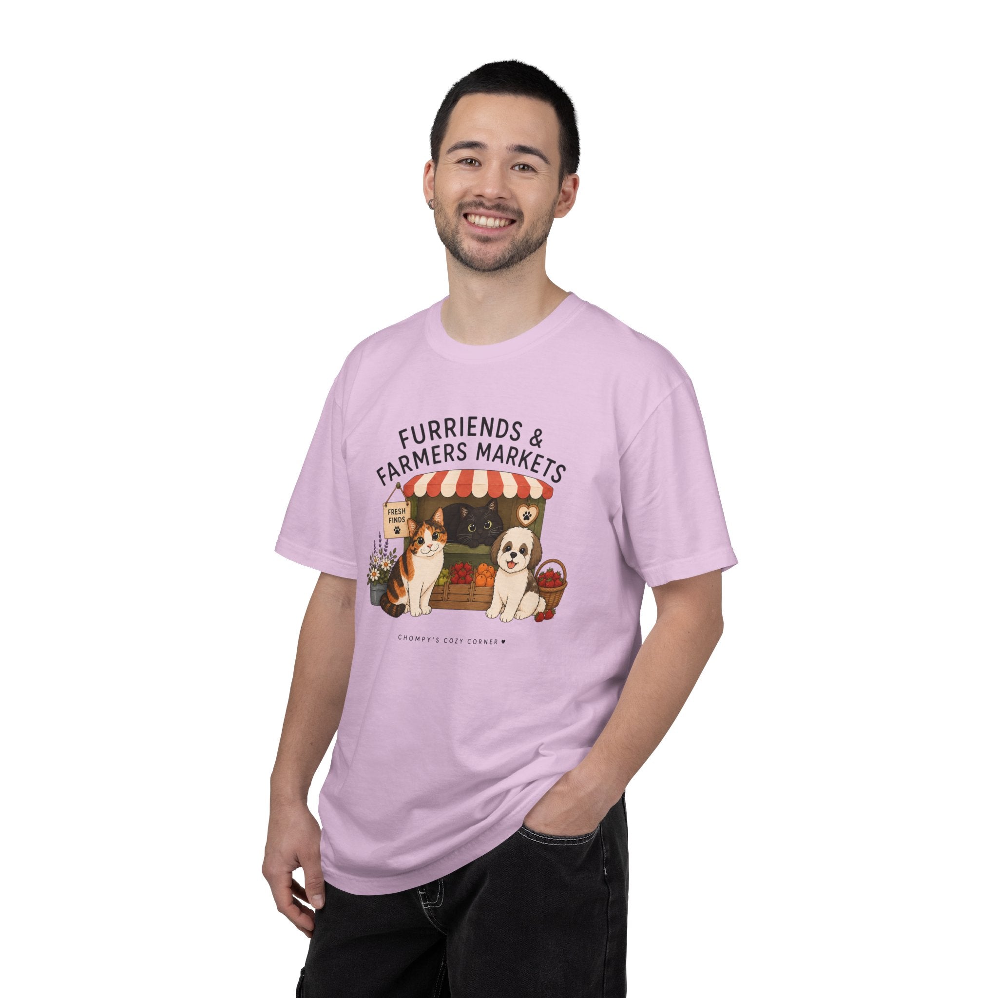 Chompy & Furriends ft. Fenlon Felines: Farmers Market Dogs T-Shirt — “Furriends & Farmers Markets” Cute Pet Market Tee
