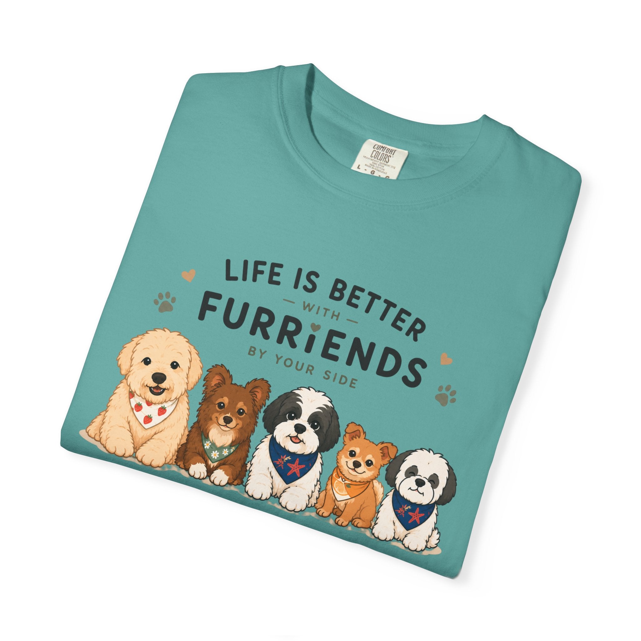 Chompy and Furriends ft. Cohen Crew: Life Is Better With Furriends T-Shirt — Cute Dogs Graphic Tee