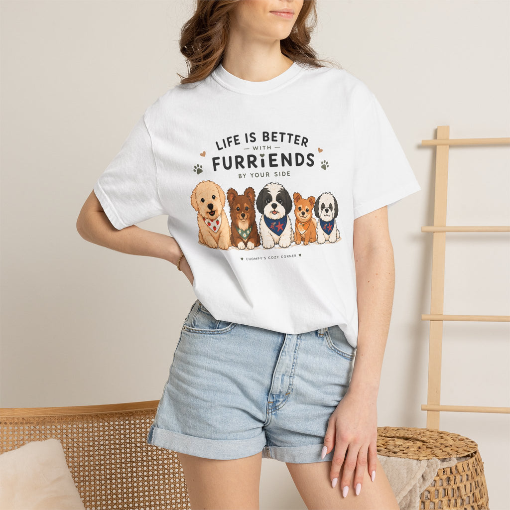 Chompy and Furriends ft. Cohen Crew: Life Is Better With Furriends T-Shirt — Cute Dogs Graphic Tee