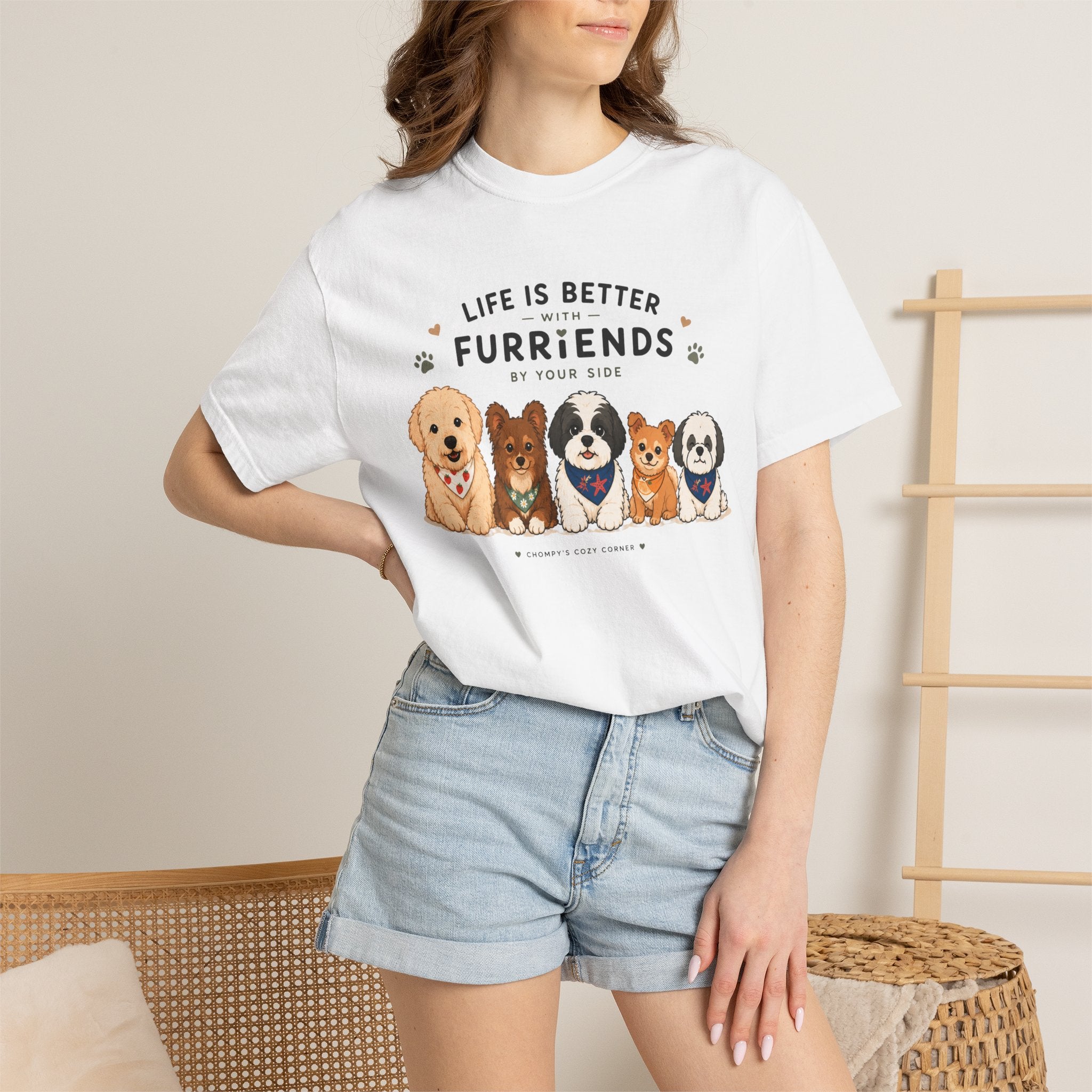 Chompy and Furriends ft. Cohen Crew: Life Is Better With Furriends T-Shirt — Cute Dogs Graphic Tee