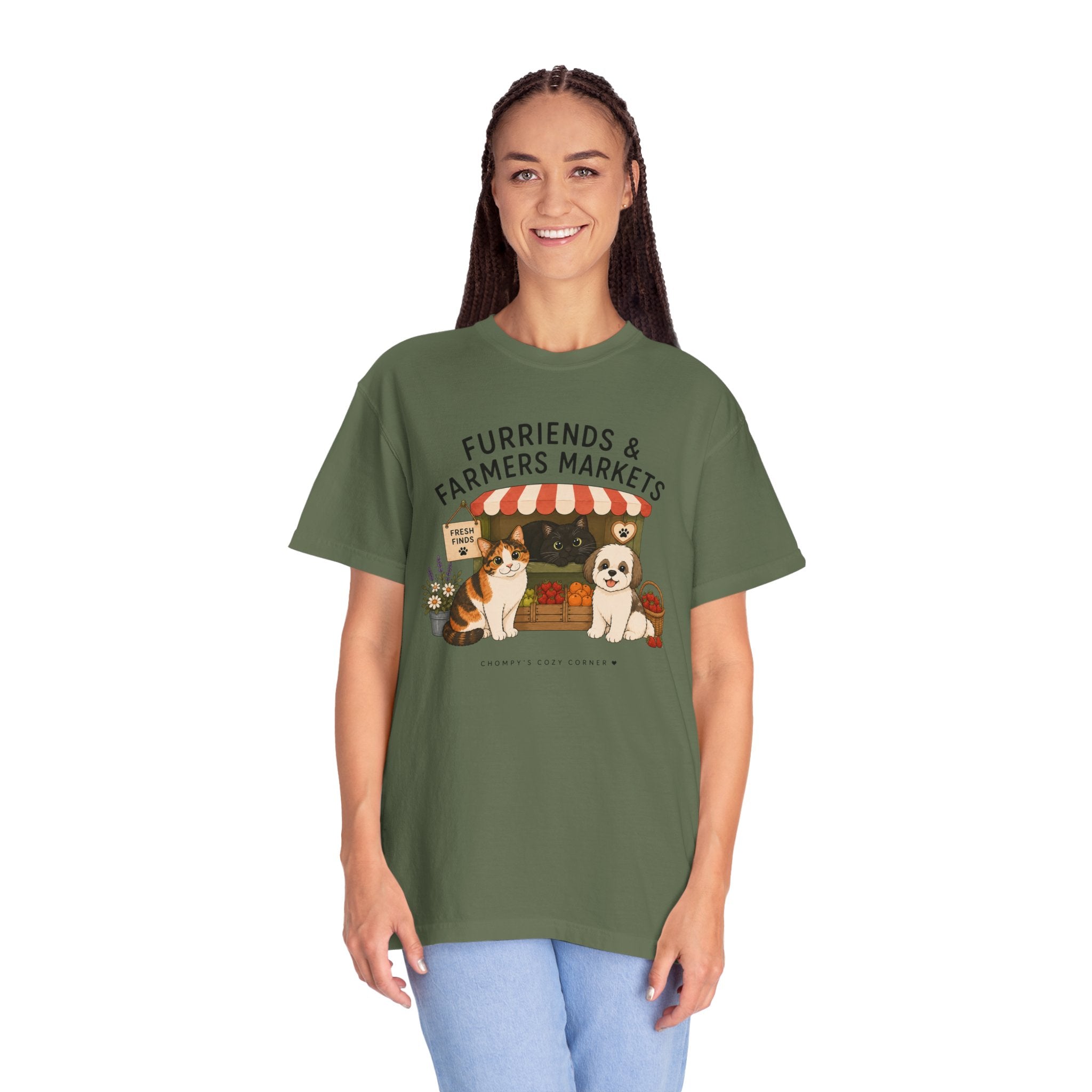Chompy & Furriends ft. Fenlon Felines: Farmers Market Dogs T-Shirt — “Furriends & Farmers Markets” Cute Pet Market Tee