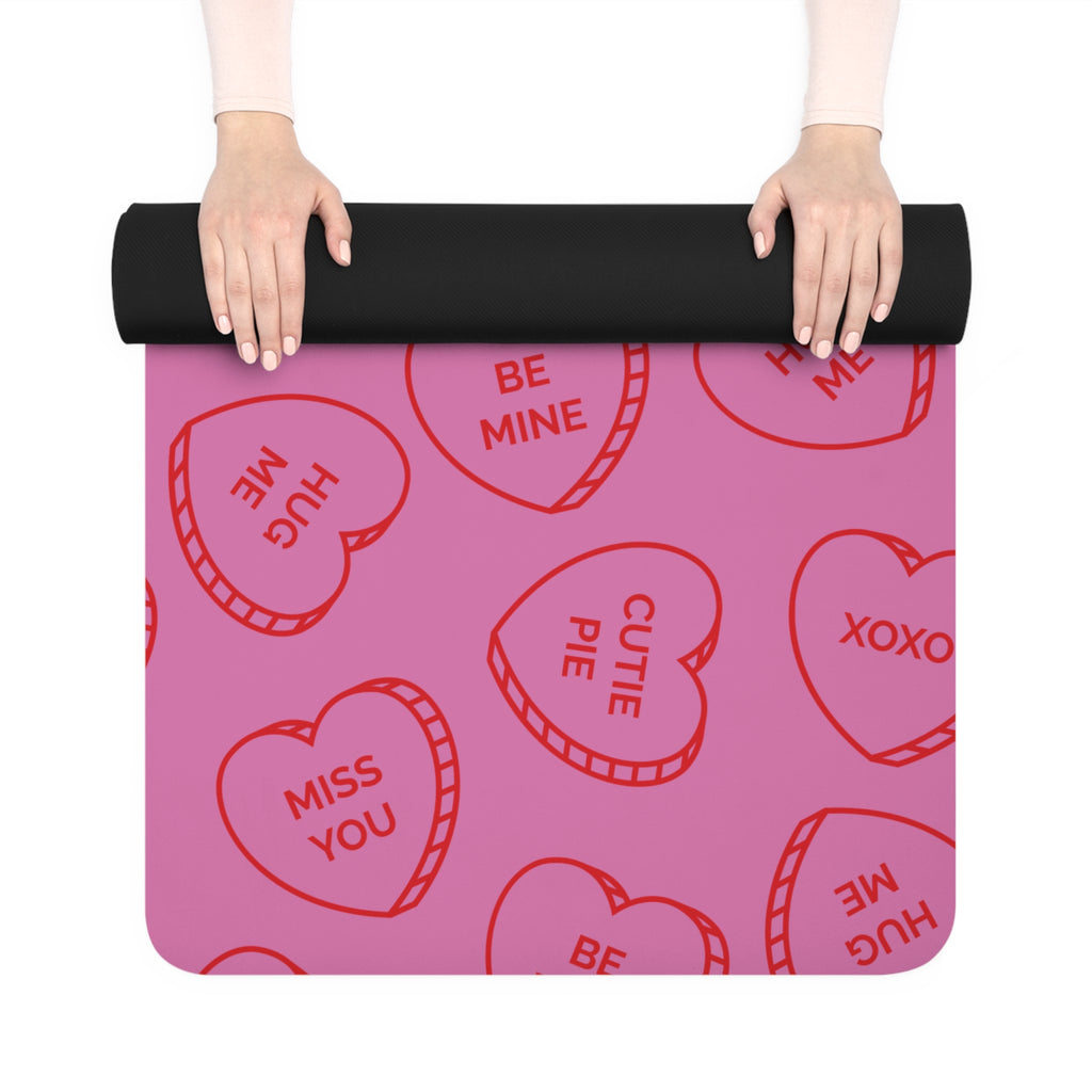 Valentine Conversation Hearts Rubber Yoga Mat — Pink Love Pattern for Pilates & Gifts