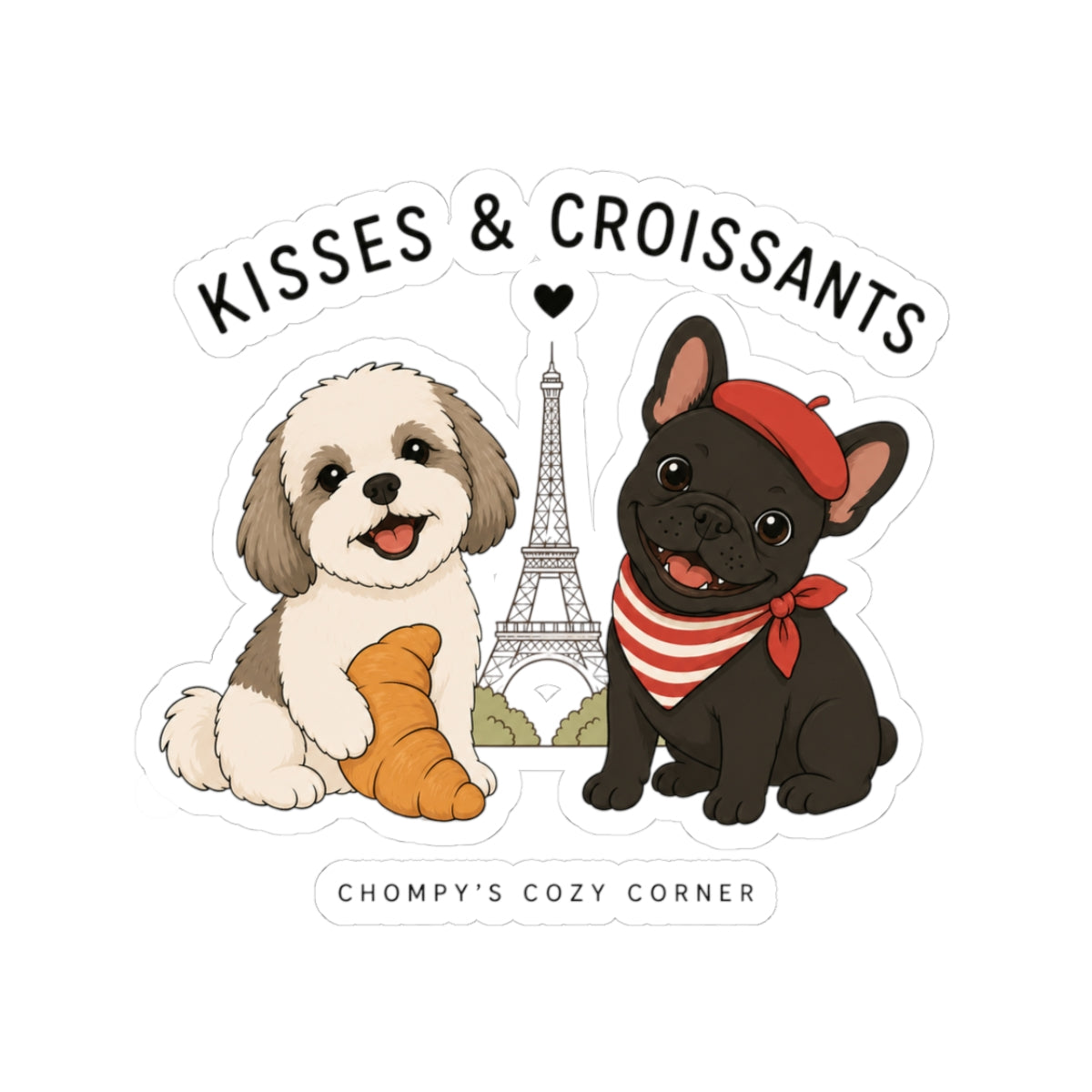 Kisses & Croissants Dog Sticker — Cute French Pups with Eiffel Tower (Kiss-Cut)