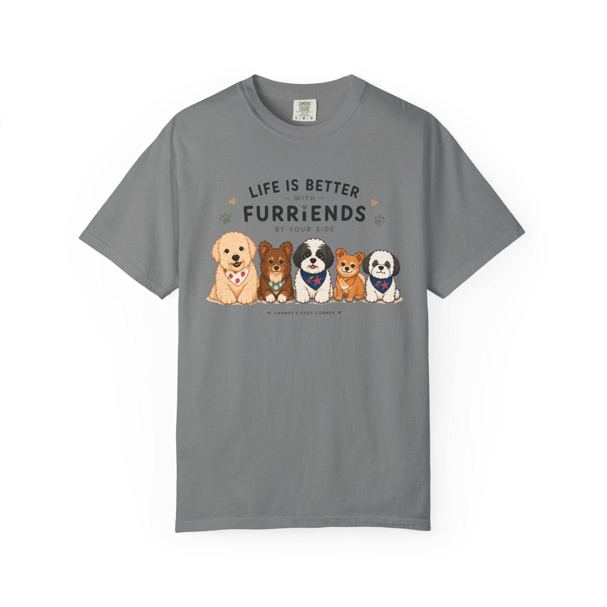 Chompy and Furriends ft. Cohen Crew: Life Is Better With Furriends T-Shirt — Cute Dogs Graphic Tee
