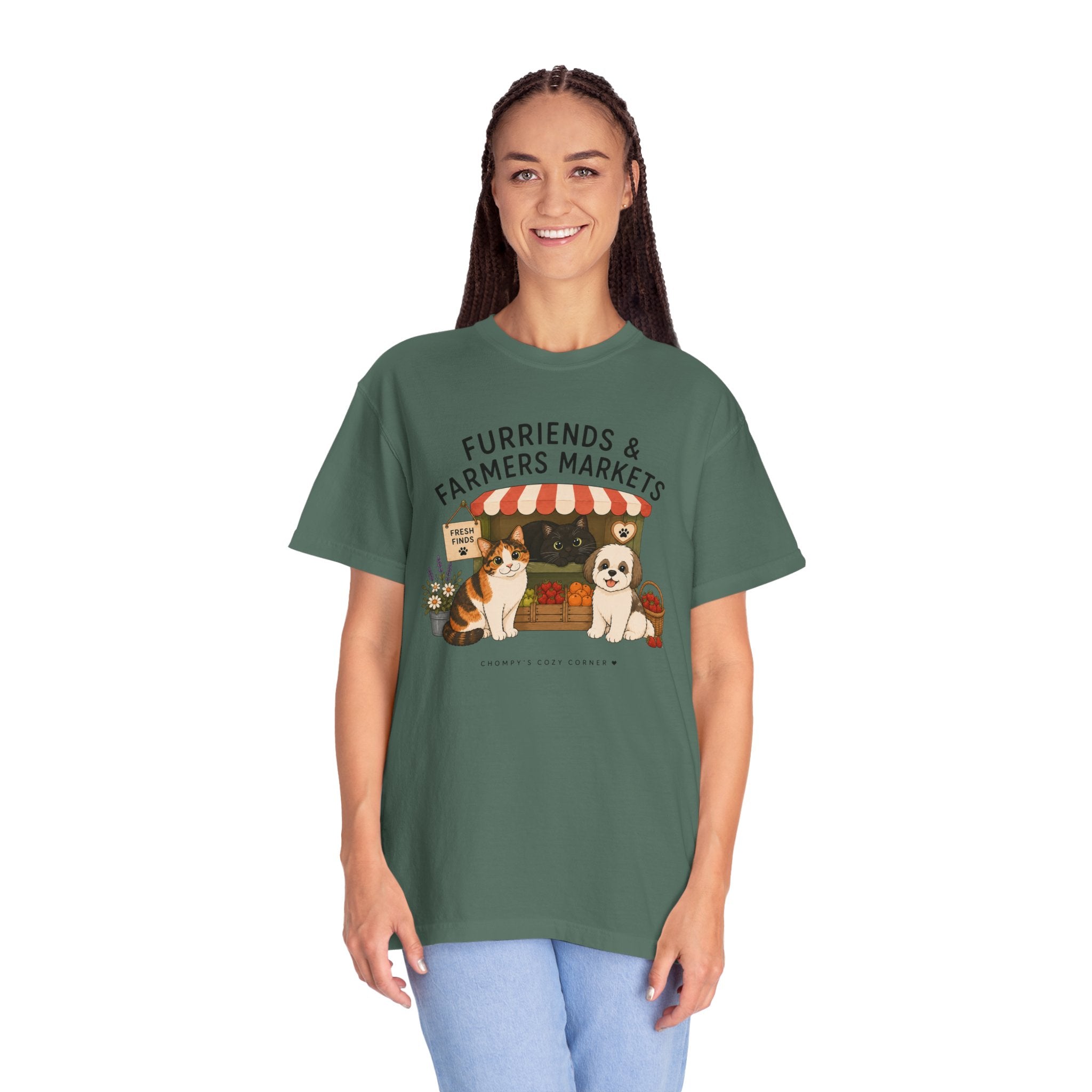 Chompy & Furriends ft. Fenlon Felines: Farmers Market Dogs T-Shirt — “Furriends & Farmers Markets” Cute Pet Market Tee