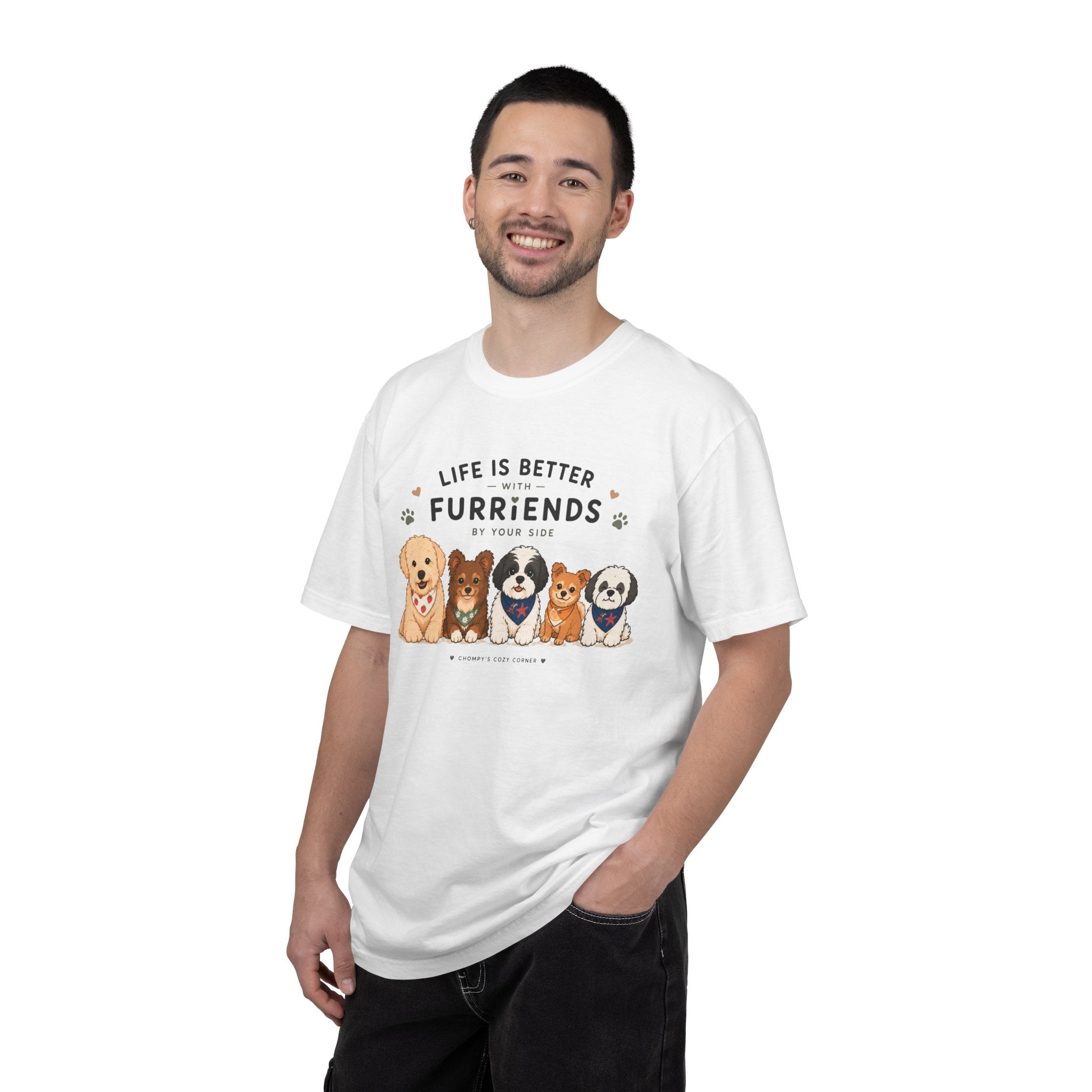 Chompy and Furriends ft. Cohen Crew: Life Is Better With Furriends T-Shirt — Cute Dogs Graphic Tee