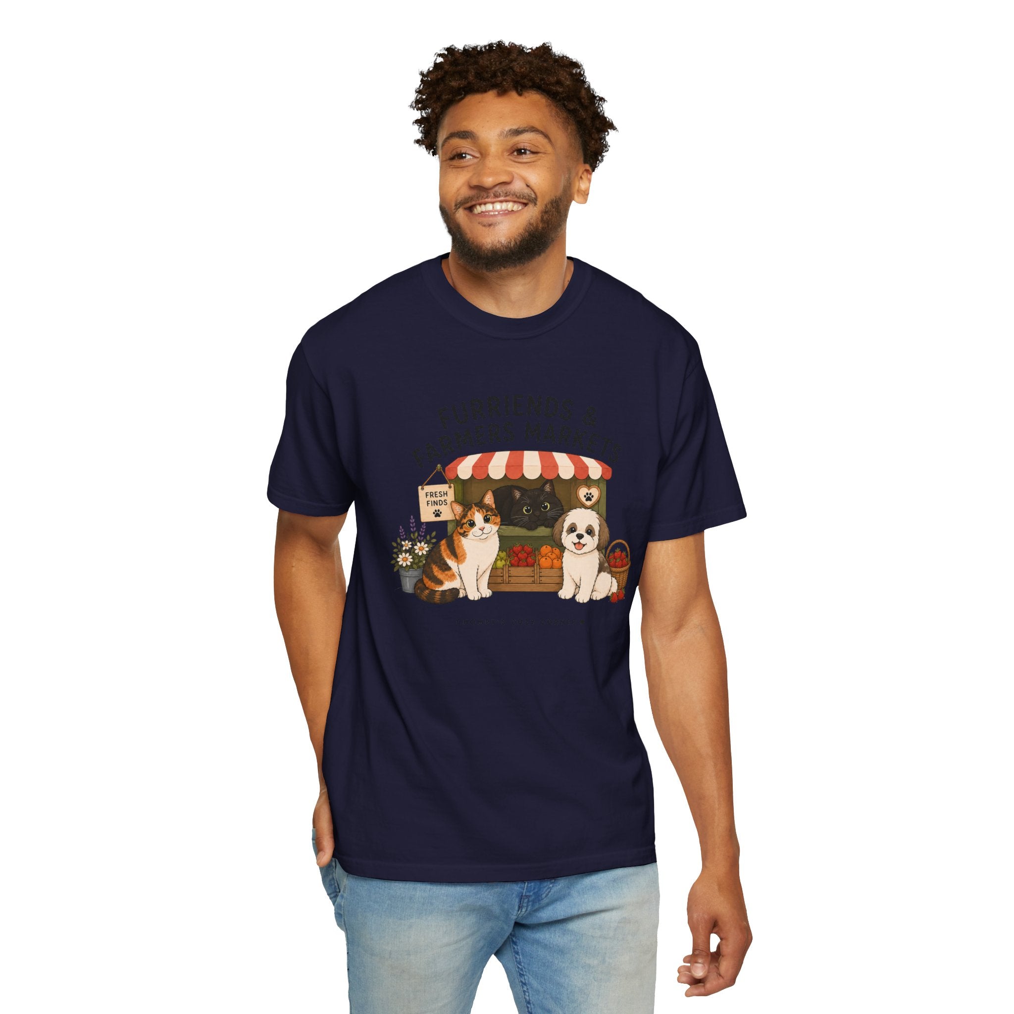 Chompy & Furriends ft. Fenlon Felines: Farmers Market Dogs T-Shirt — “Furriends & Farmers Markets” Cute Pet Market Tee