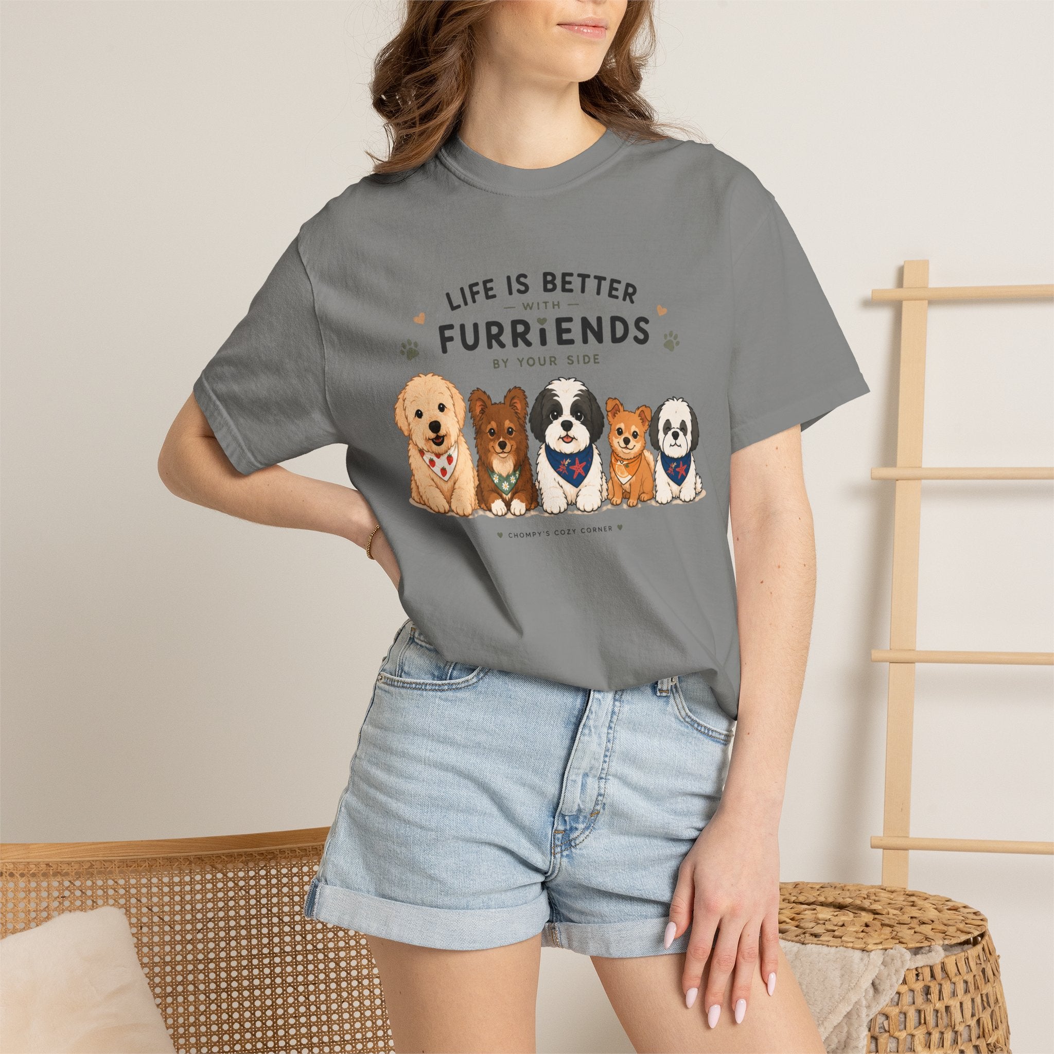 Chompy and Furriends ft. Cohen Crew: Life Is Better With Furriends T-Shirt — Cute Dogs Graphic Tee