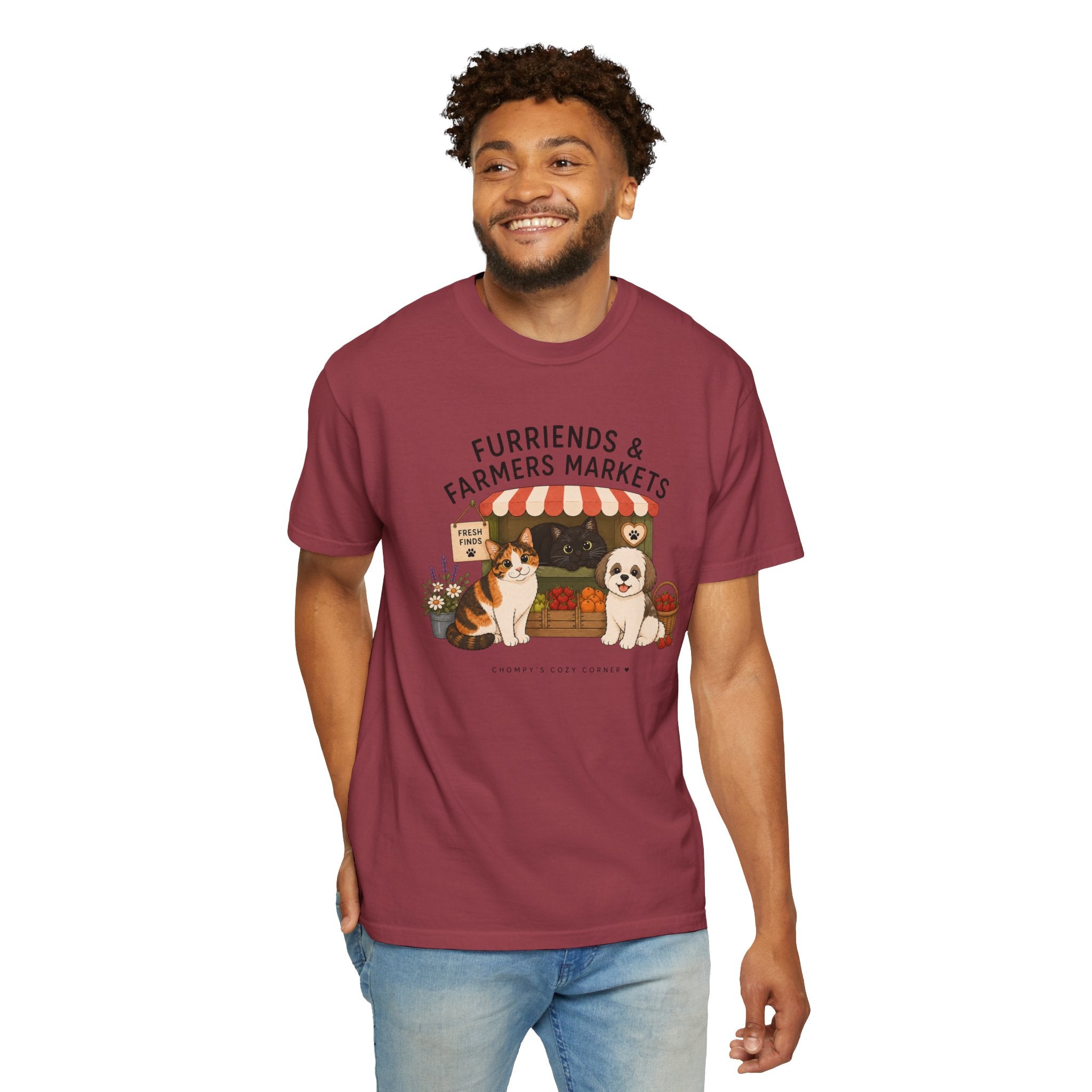 Chompy & Furriends ft. Fenlon Felines: Farmers Market Dogs T-Shirt — “Furriends & Farmers Markets” Cute Pet Market Tee