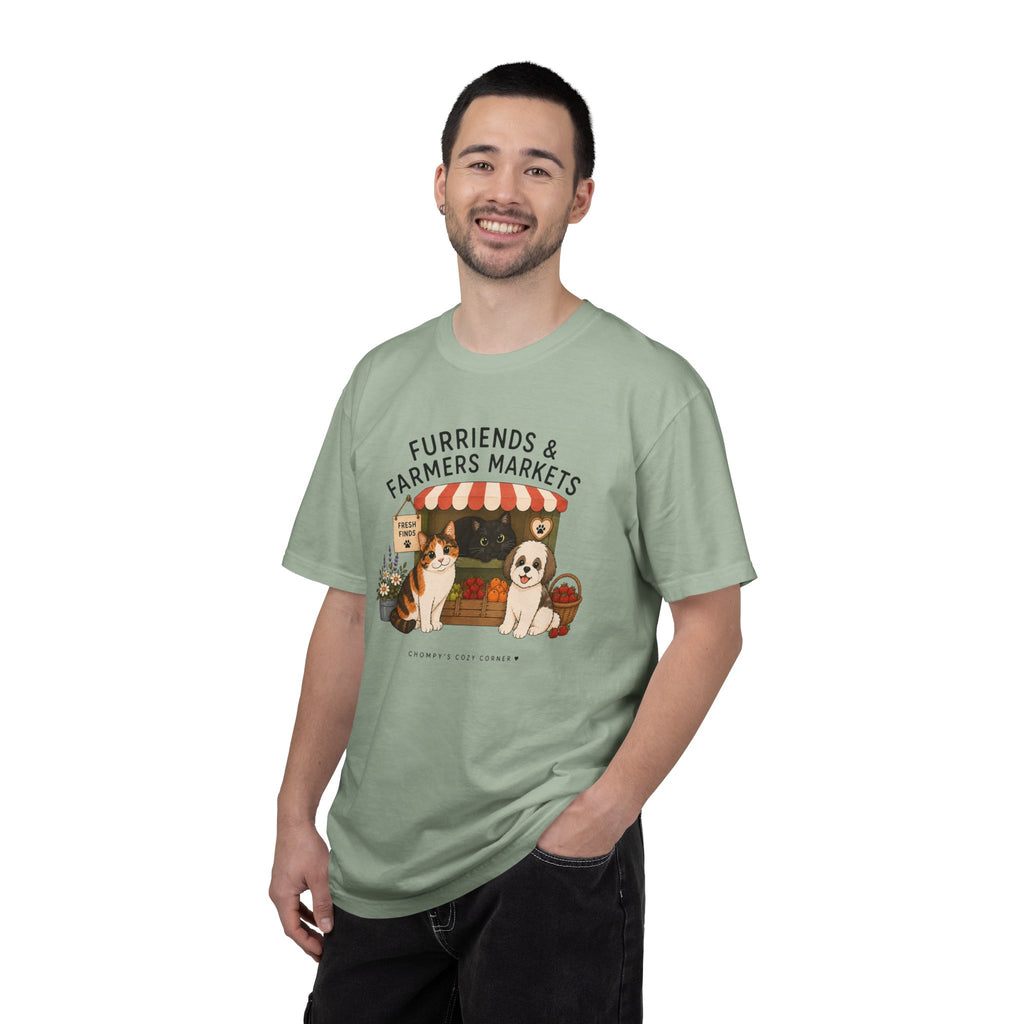Chompy & Furriends ft. Fenlon Felines: Farmers Market Dogs T-Shirt — “Furriends & Farmers Markets” Cute Pet Market Tee