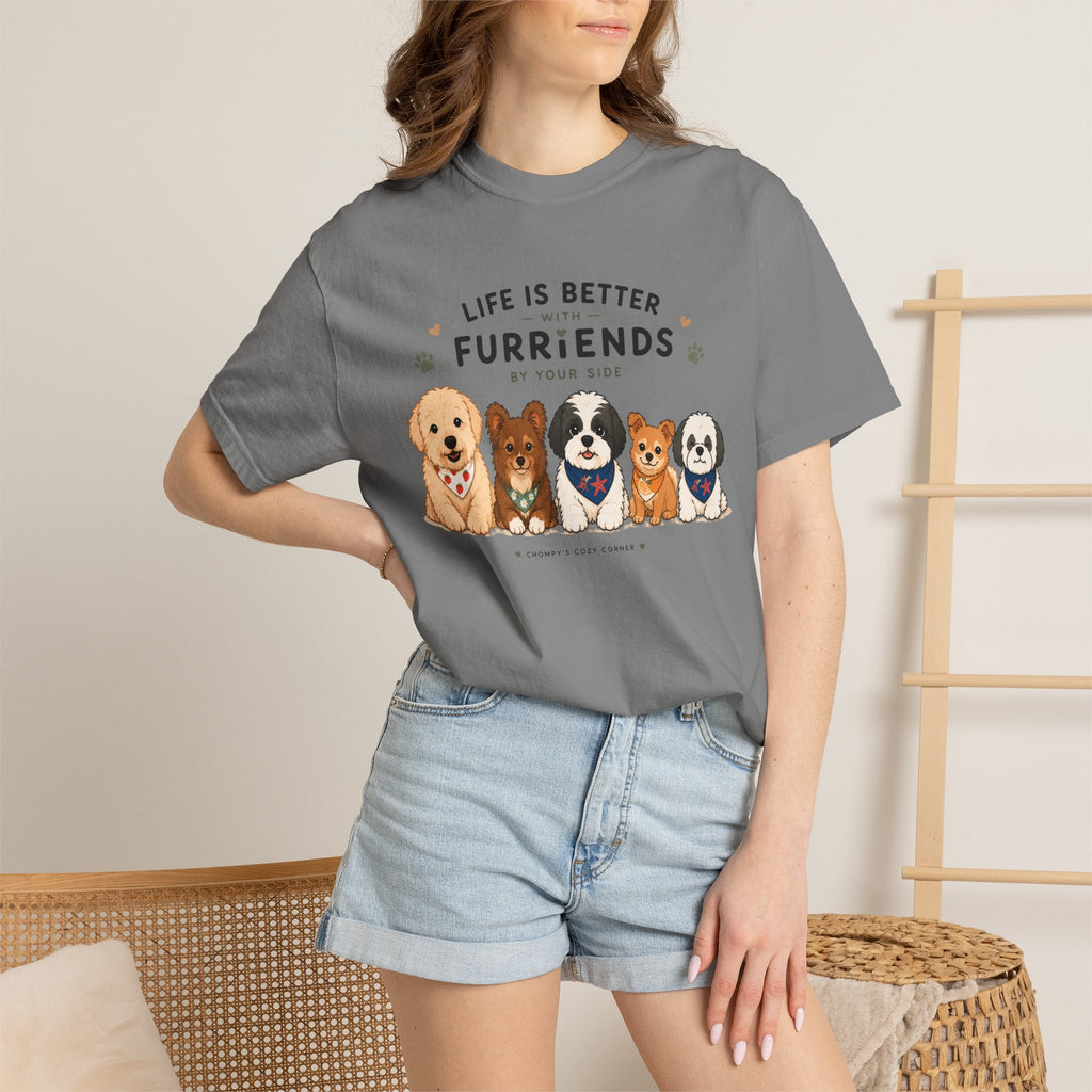 Chompy and Furriends ft. Cohen Crew: Life Is Better With Furriends T-Shirt — Cute Dogs Graphic Tee