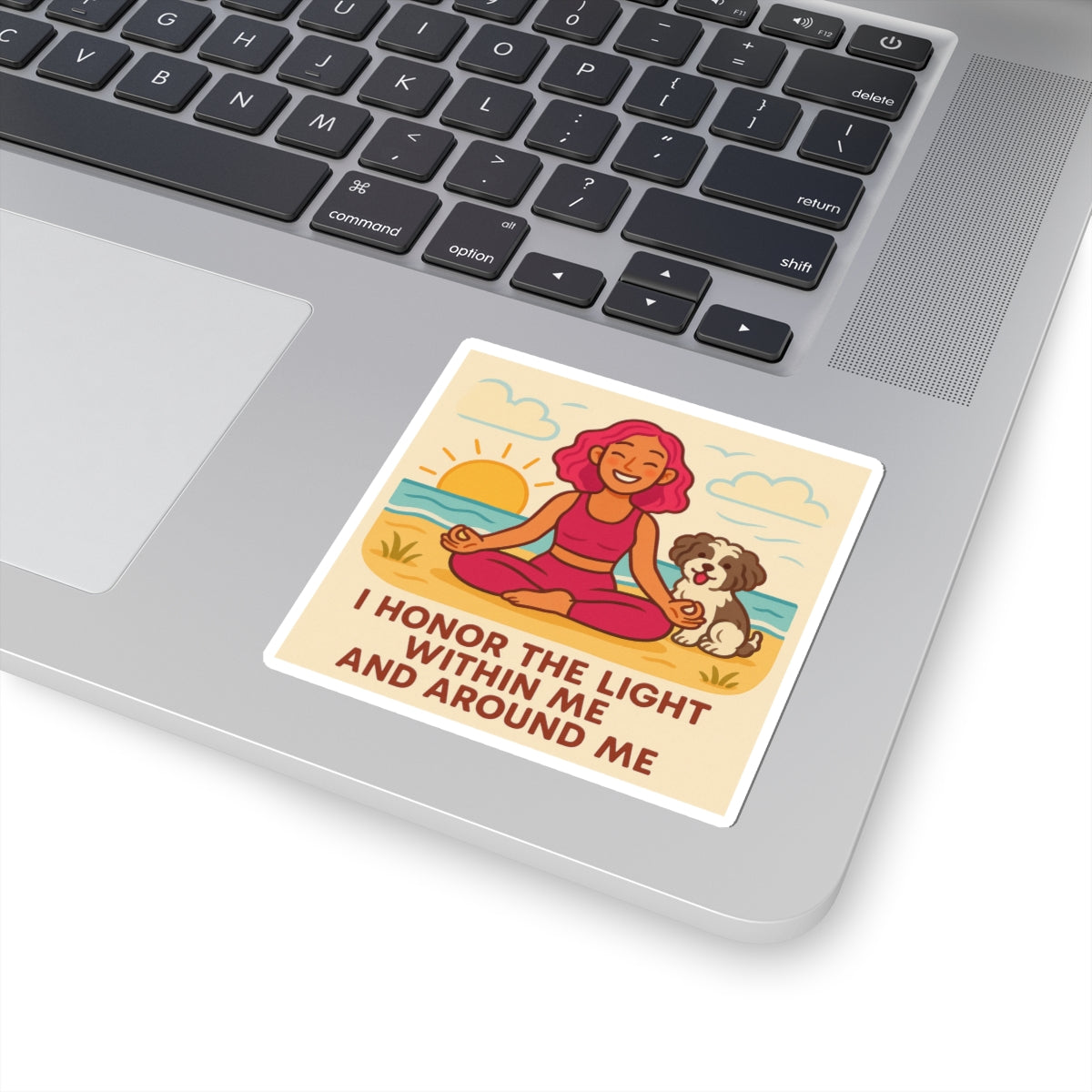 Beach Yoga Sticker — Pink‑Haired Girl & Shih‑Poo with “I honor the light within me and around me.”