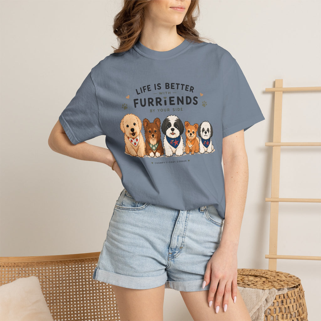 Chompy and Furriends ft. Cohen Crew: Life Is Better With Furriends T-Shirt — Cute Dogs Graphic Tee