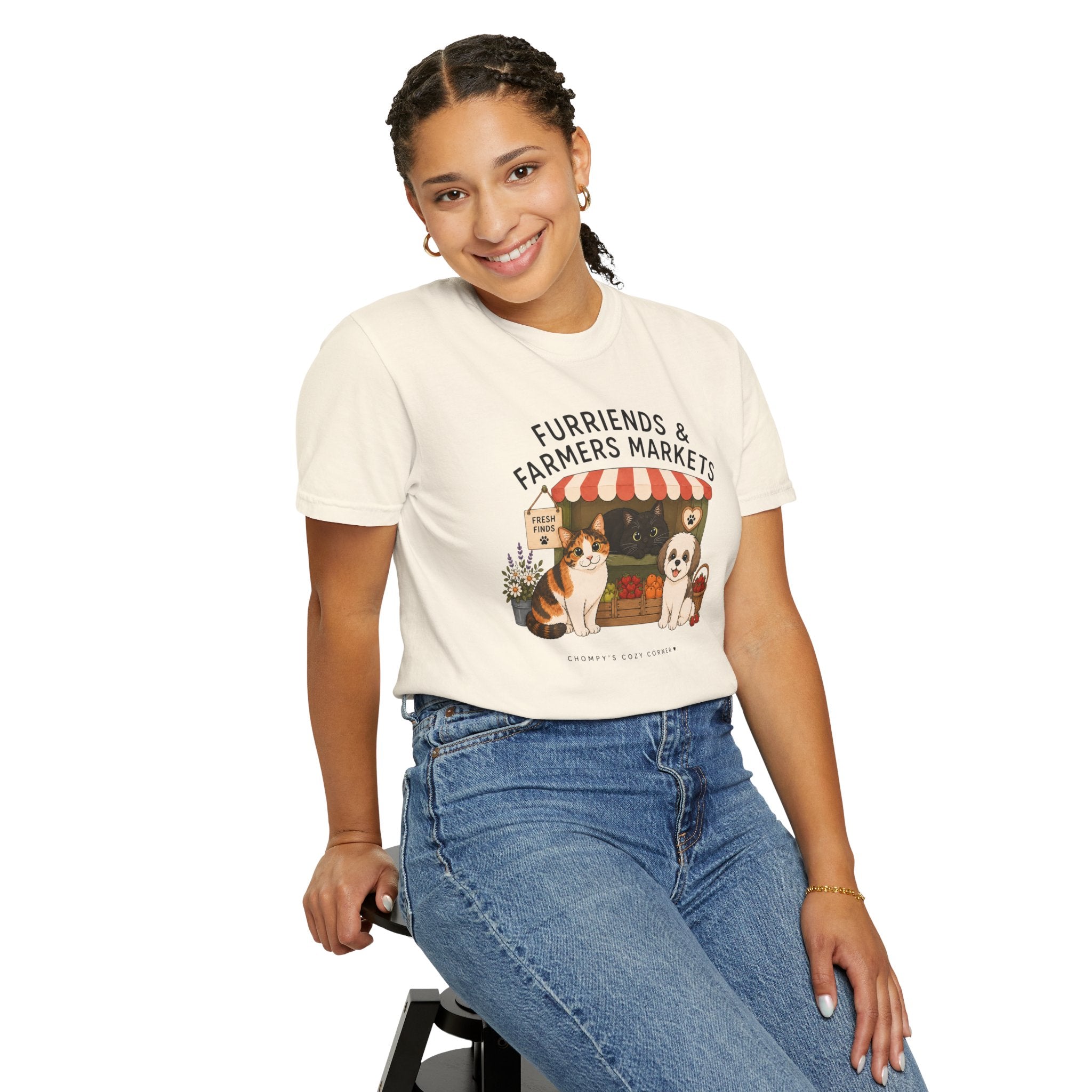 Chompy & Furriends ft. Fenlon Felines: Farmers Market Dogs T-Shirt — “Furriends & Farmers Markets” Cute Pet Market Tee